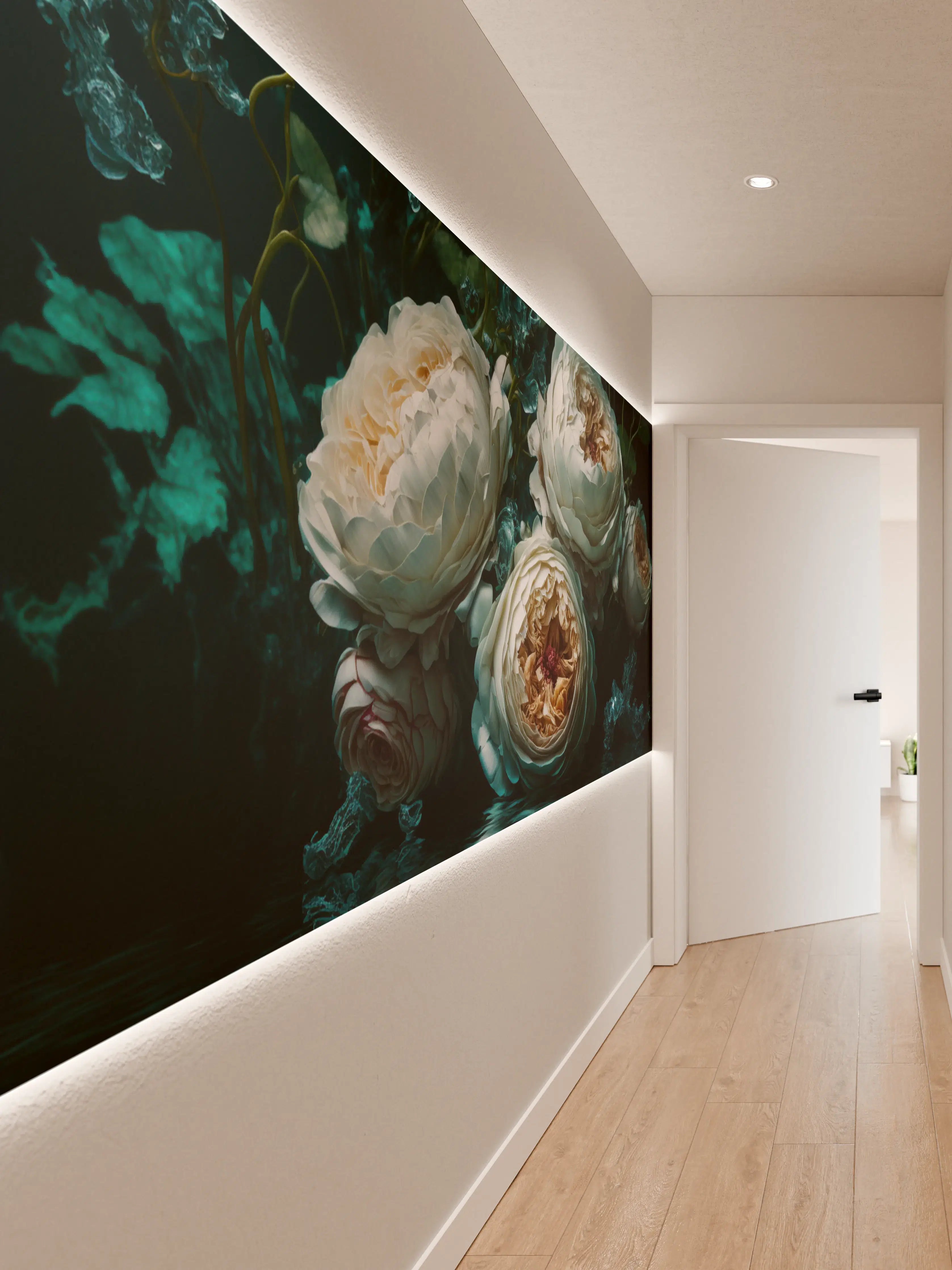 Wandverkleidung Flur - Elegante weiße Blumen under Wasser