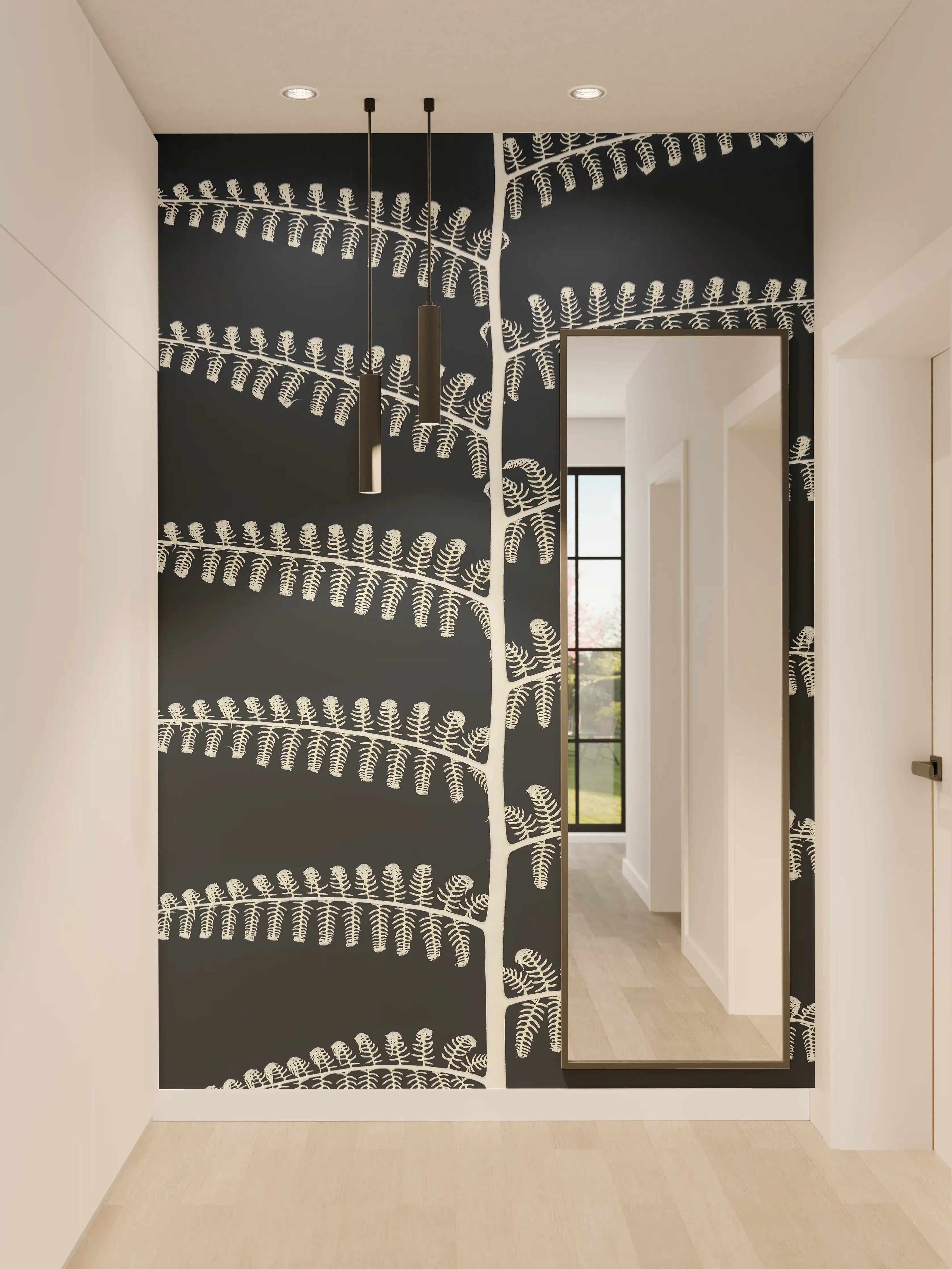 Wandverkleidung Flur - Elegante weiße Farnmuster auf dunklem Hintergrund