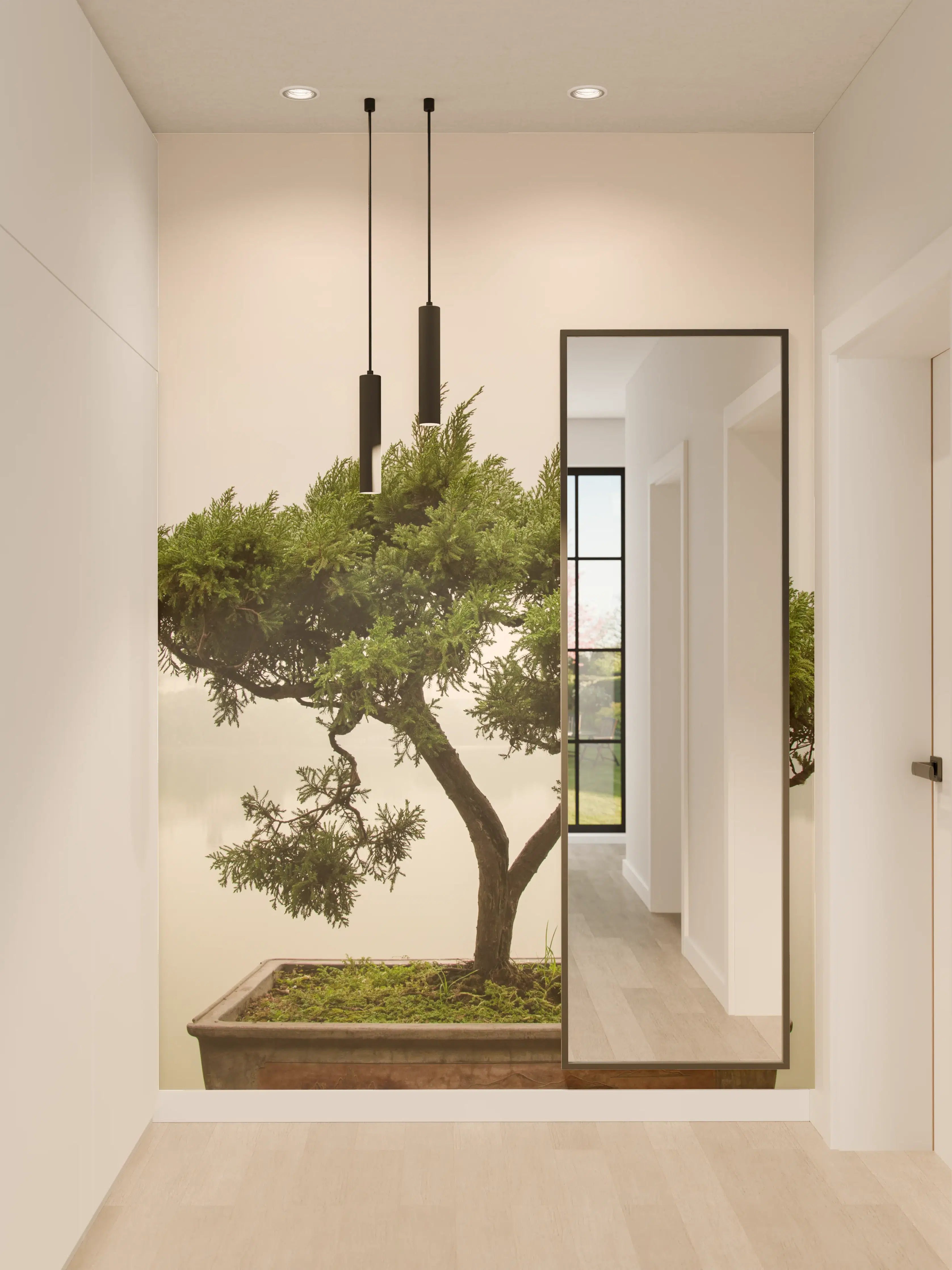 Wandverkleidung Flur - Eleganter Bonsai am stillen Grauwasser