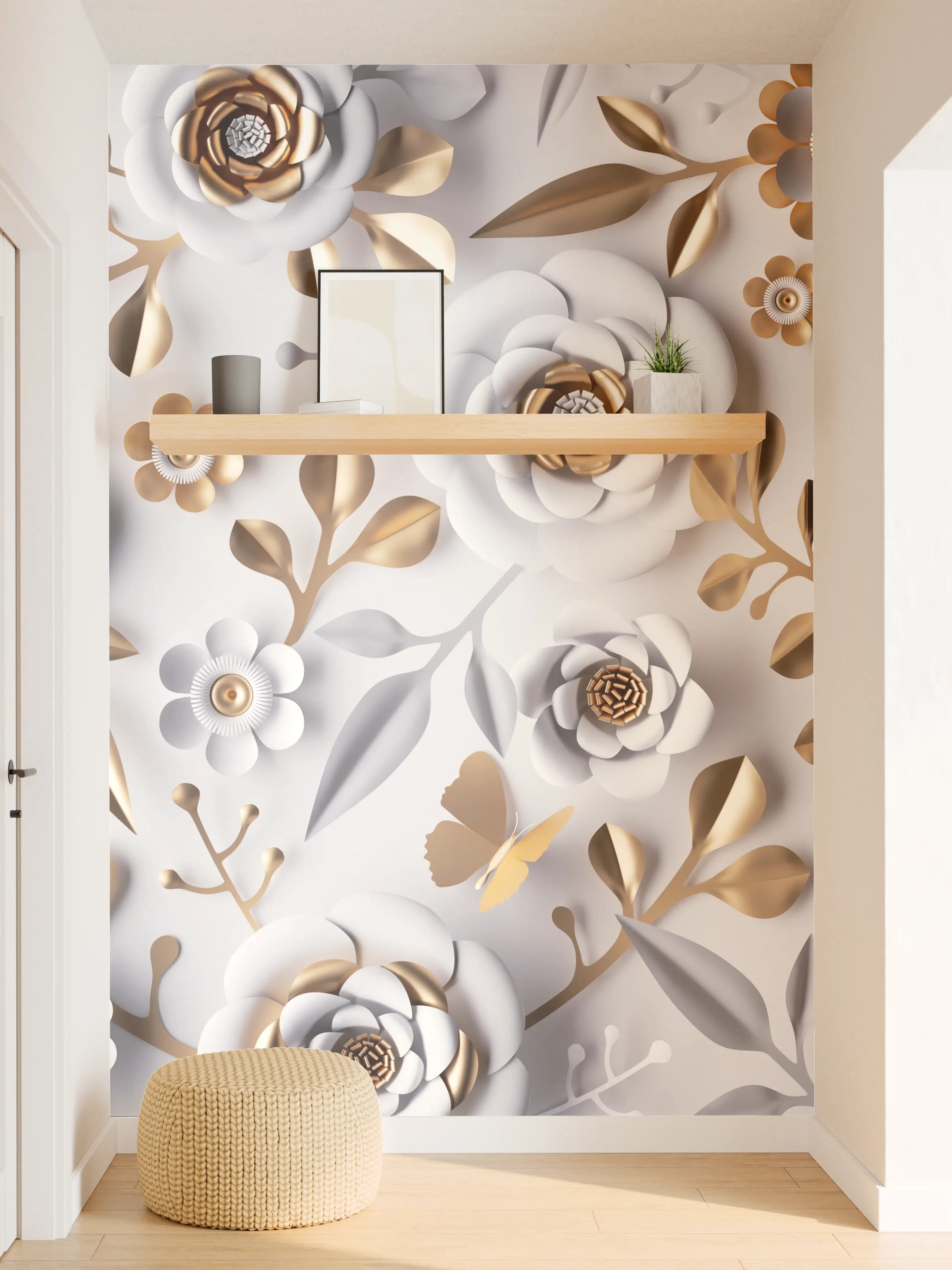 Wandverkleidung Flur - Eleganter Weiß-Gold Blumenstoff