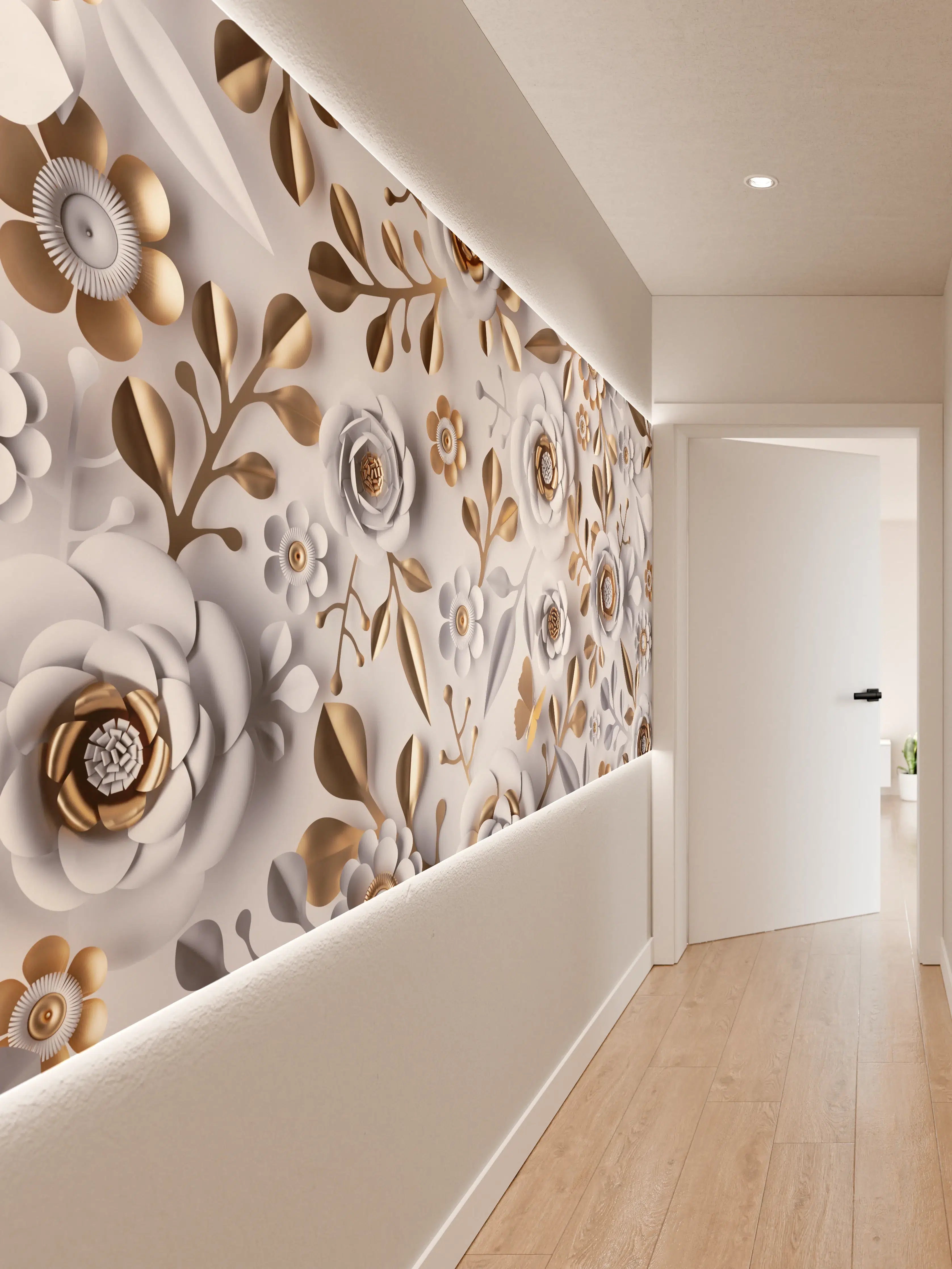 Wandverkleidung Flur - Eleganter Weiß-Gold Blumenstoff