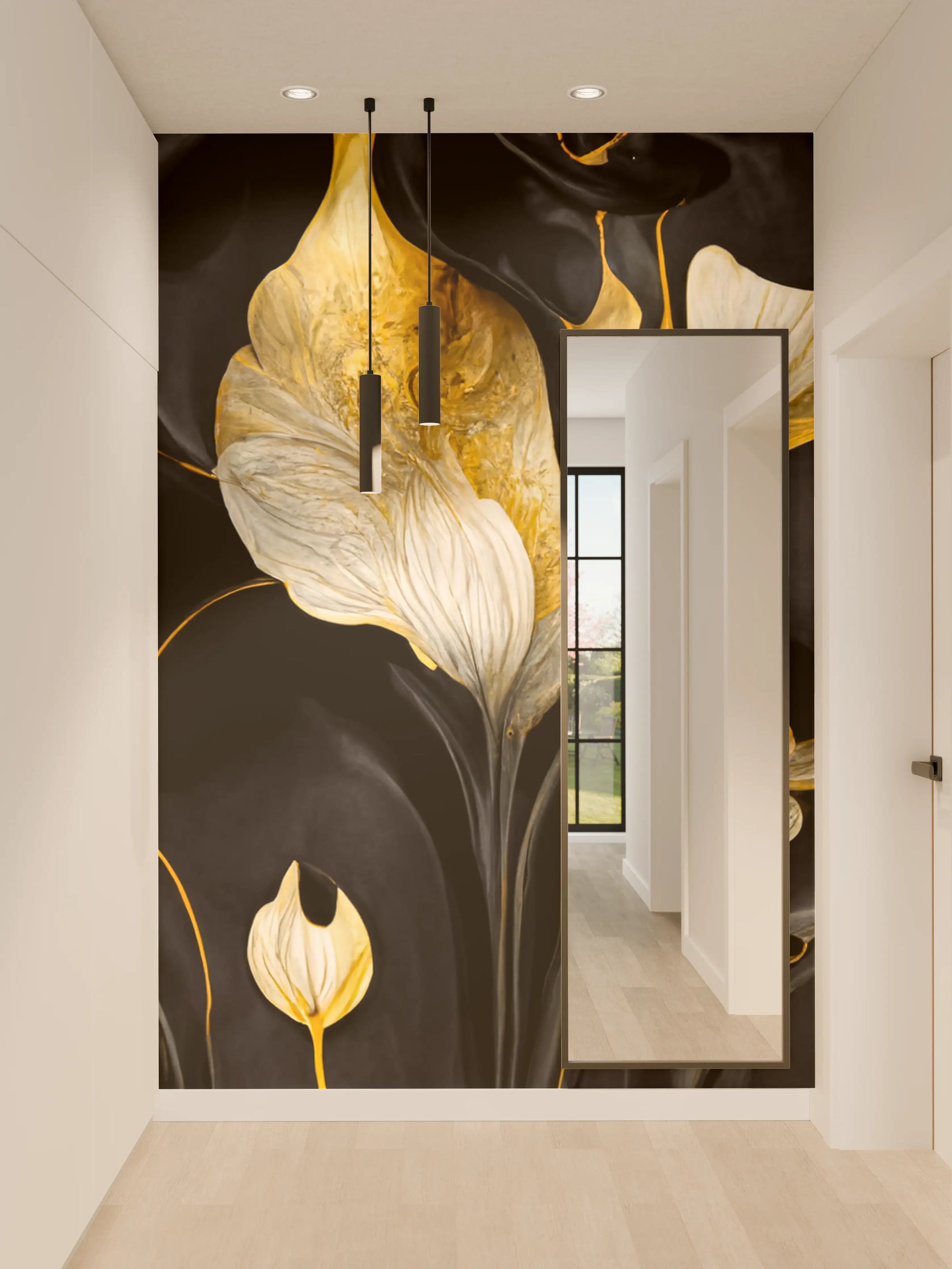 Wandverkleidung Flur - Eleganter abstrakter Malstil in Schwarz-Gold