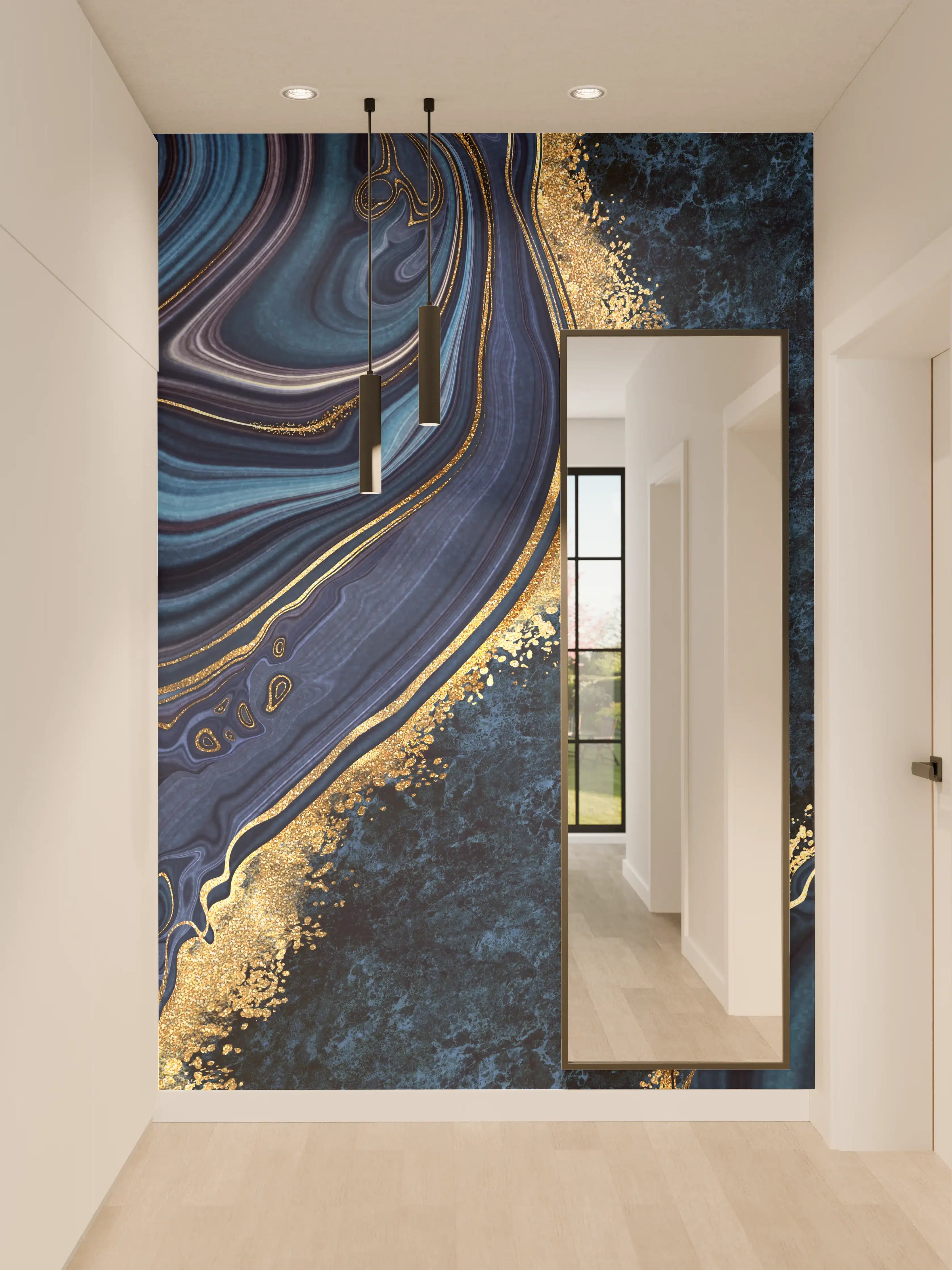 Wandverkleidung Flur - Eleganter blauer Marmormuster mit Goldakzenten