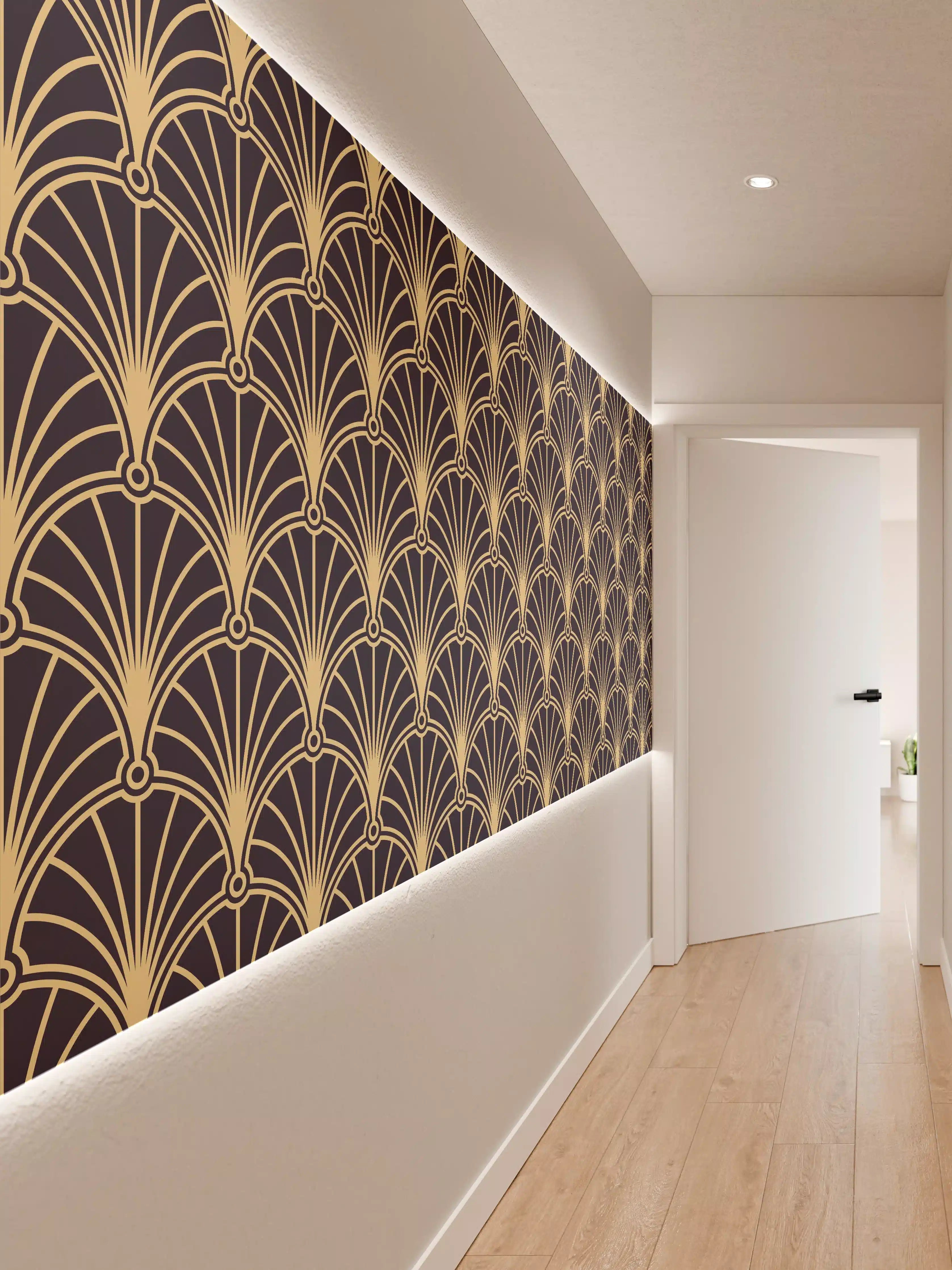 Wandverkleidung Flur - Elegantes Art Déco Muster in Gold auf Schwarz