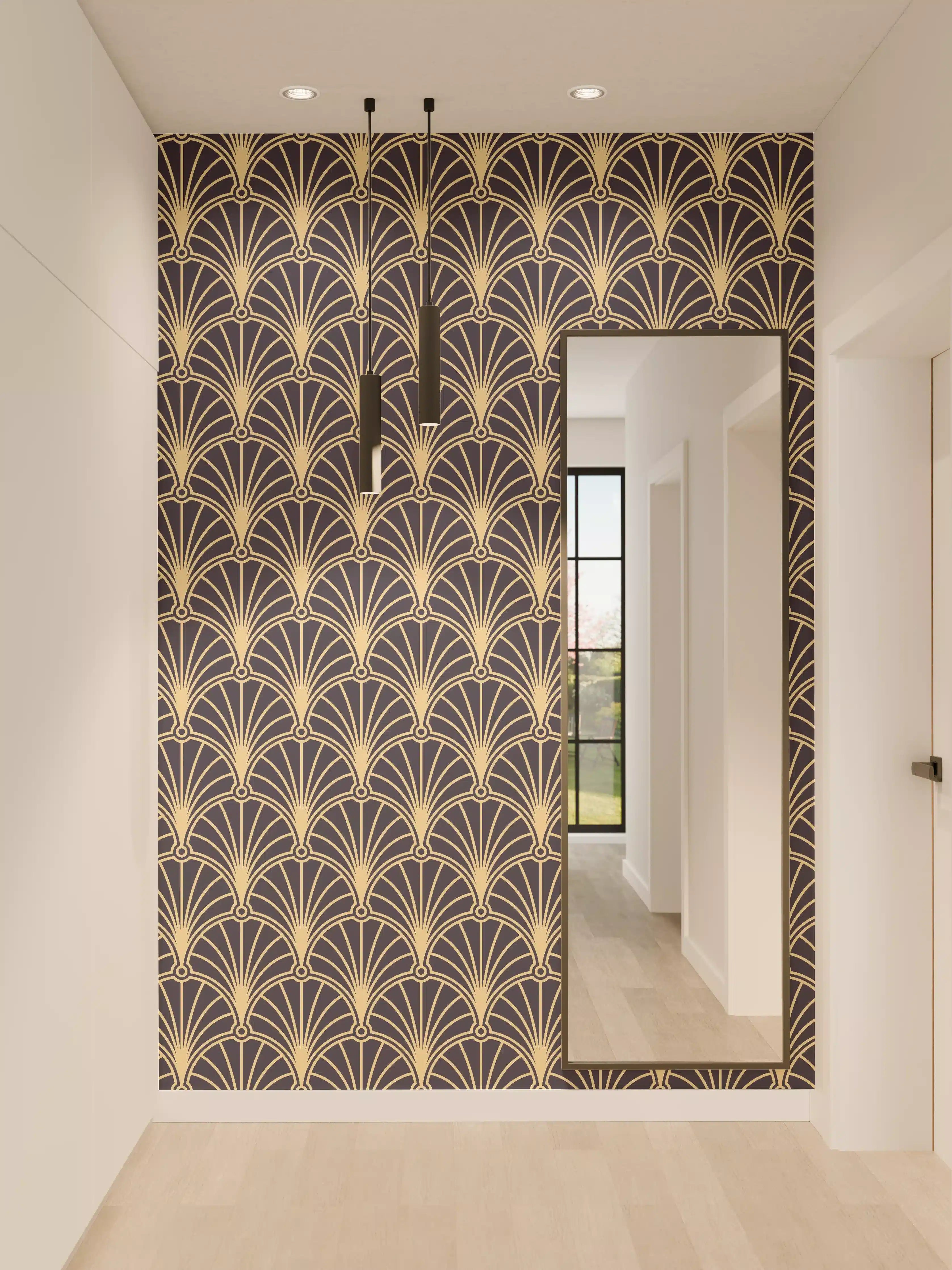 Wandverkleidung Flur - Elegantes Art Déco Muster in Gold auf Schwarz