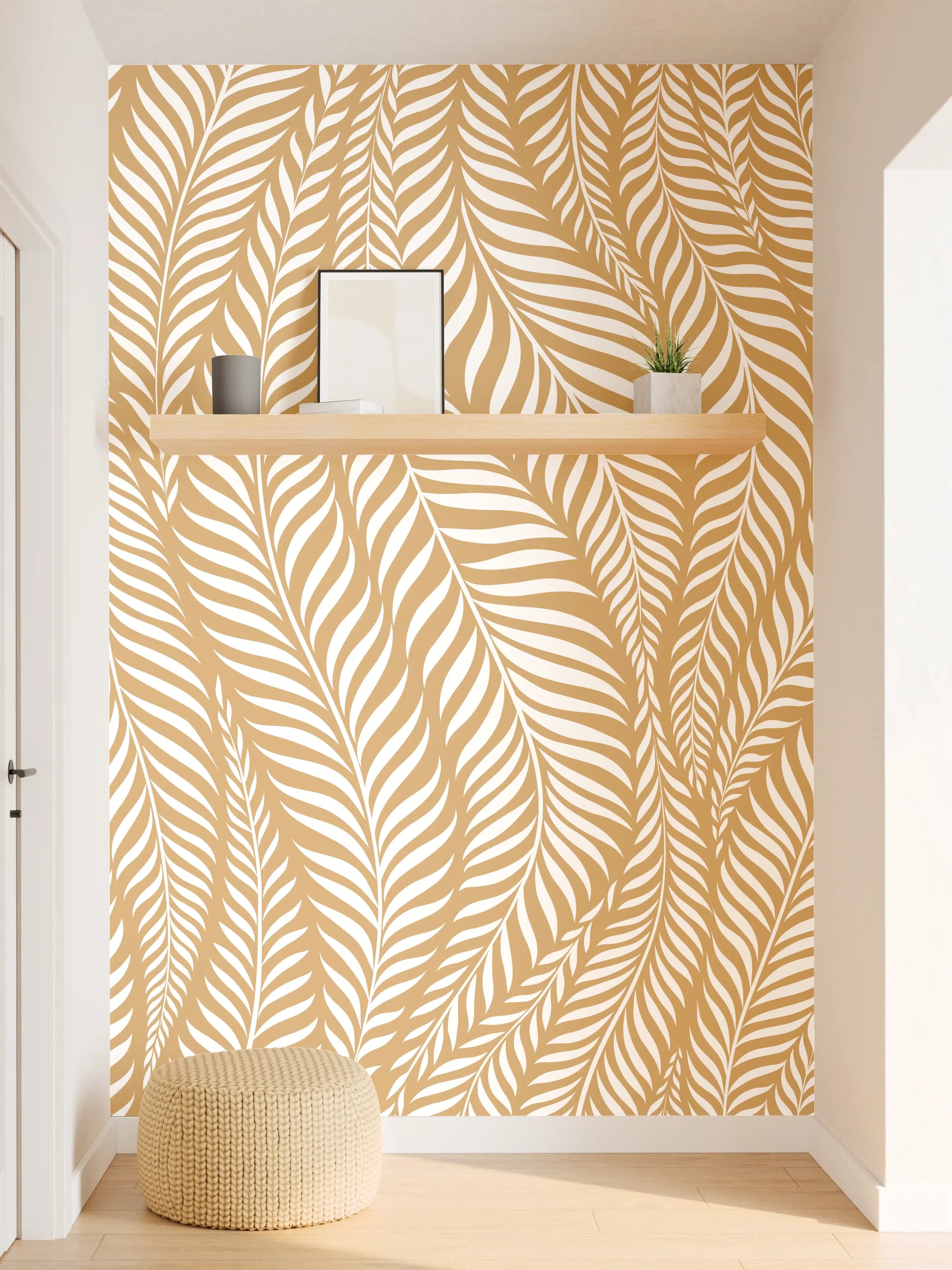 Wandverkleidung Flur - Elegantes Blattmuster in Beige