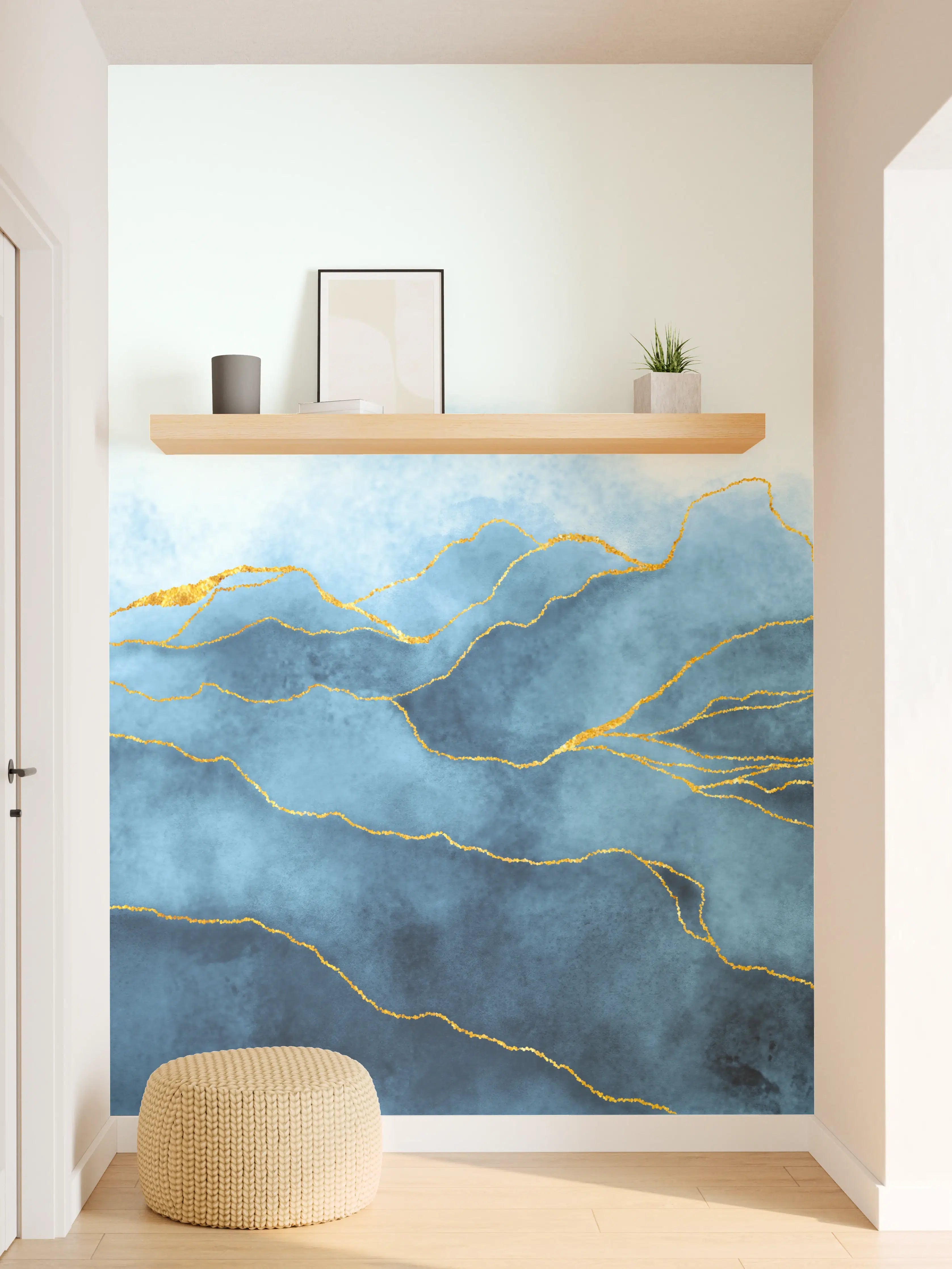 Wandverkleidung Flur - Elegantes Blau-Grau-Muster mit Goldakzenten