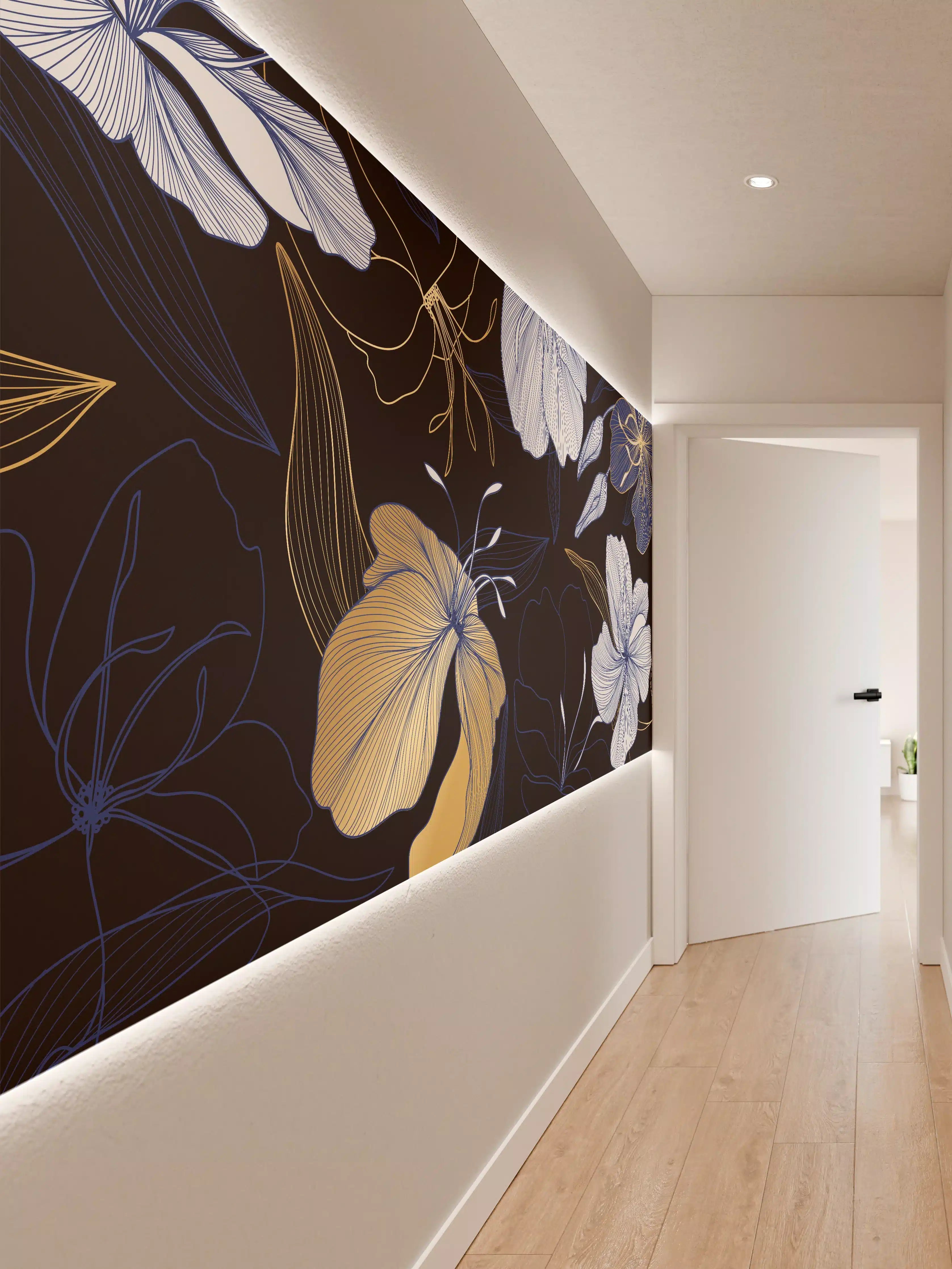 Wandverkleidung Flur - Elegantes Blumen-Muster Dunkelblau