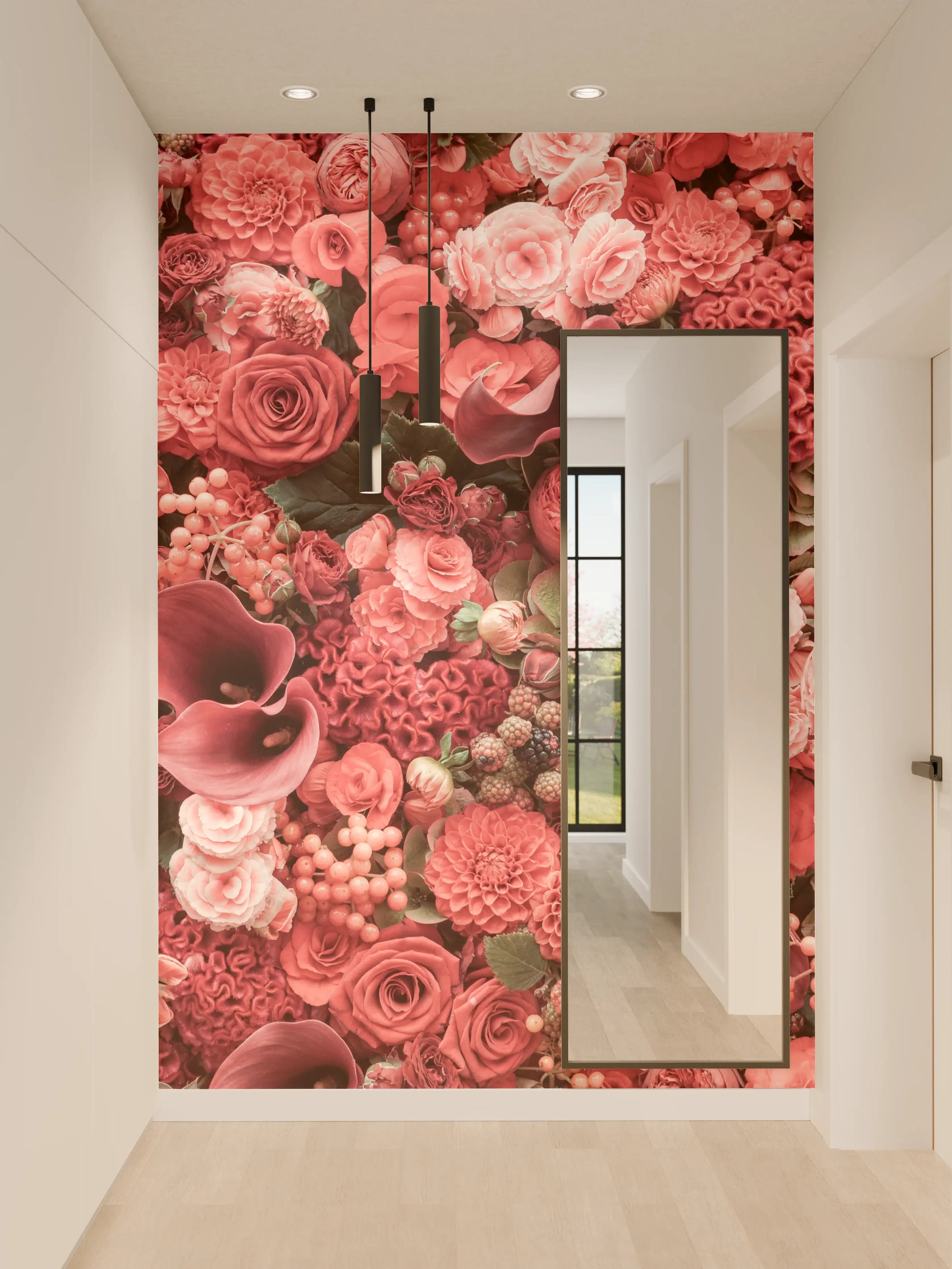 Wandverkleidung Flur - Elegantes Blumenbouquet in Rot-Tönen