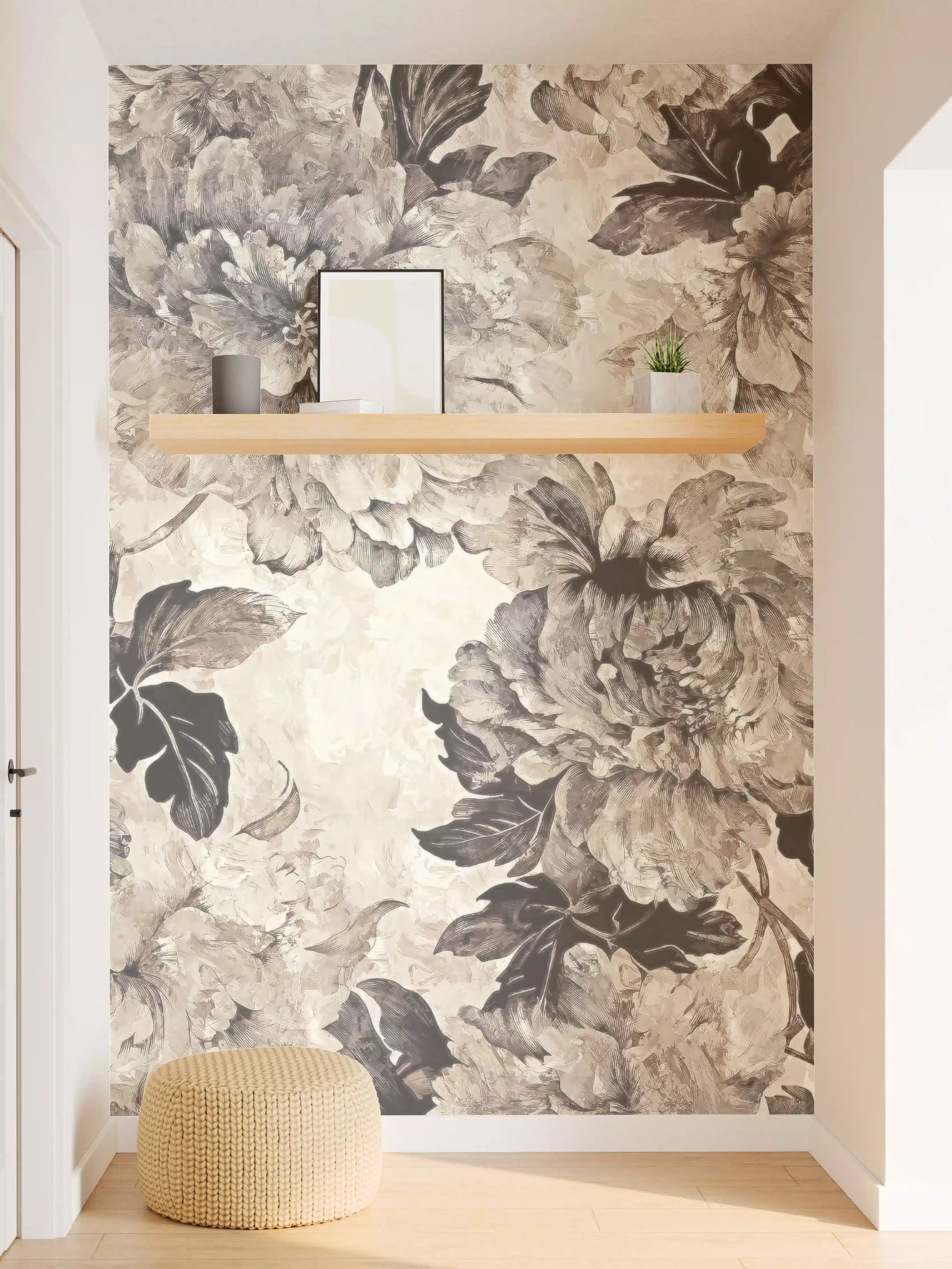 Wandverkleidung Flur - Elegantes Blumenmuster in Sepia-Tönen