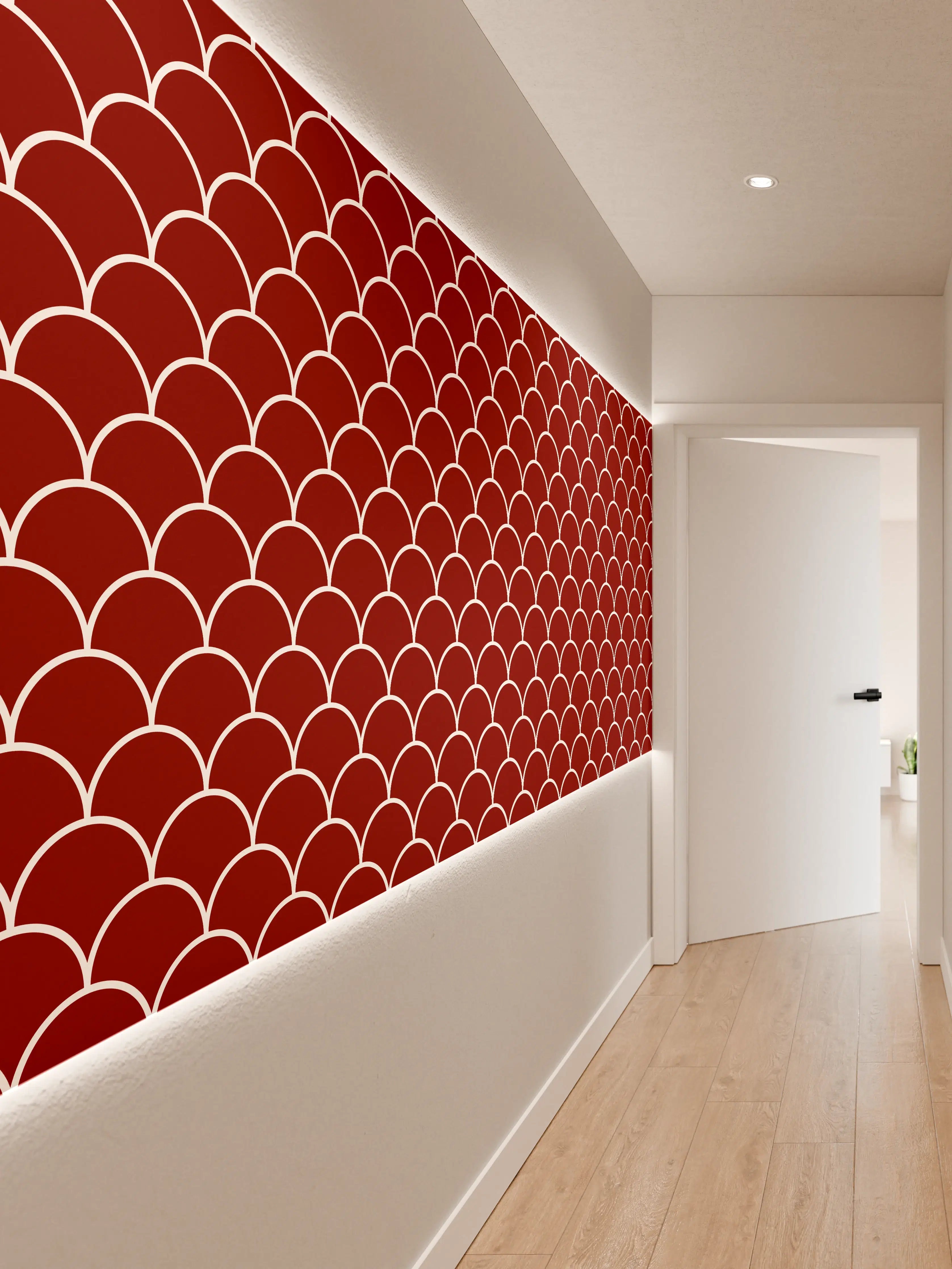 Wandverkleidung Flur - Elegantes Fischschuppen-Muster in Rot