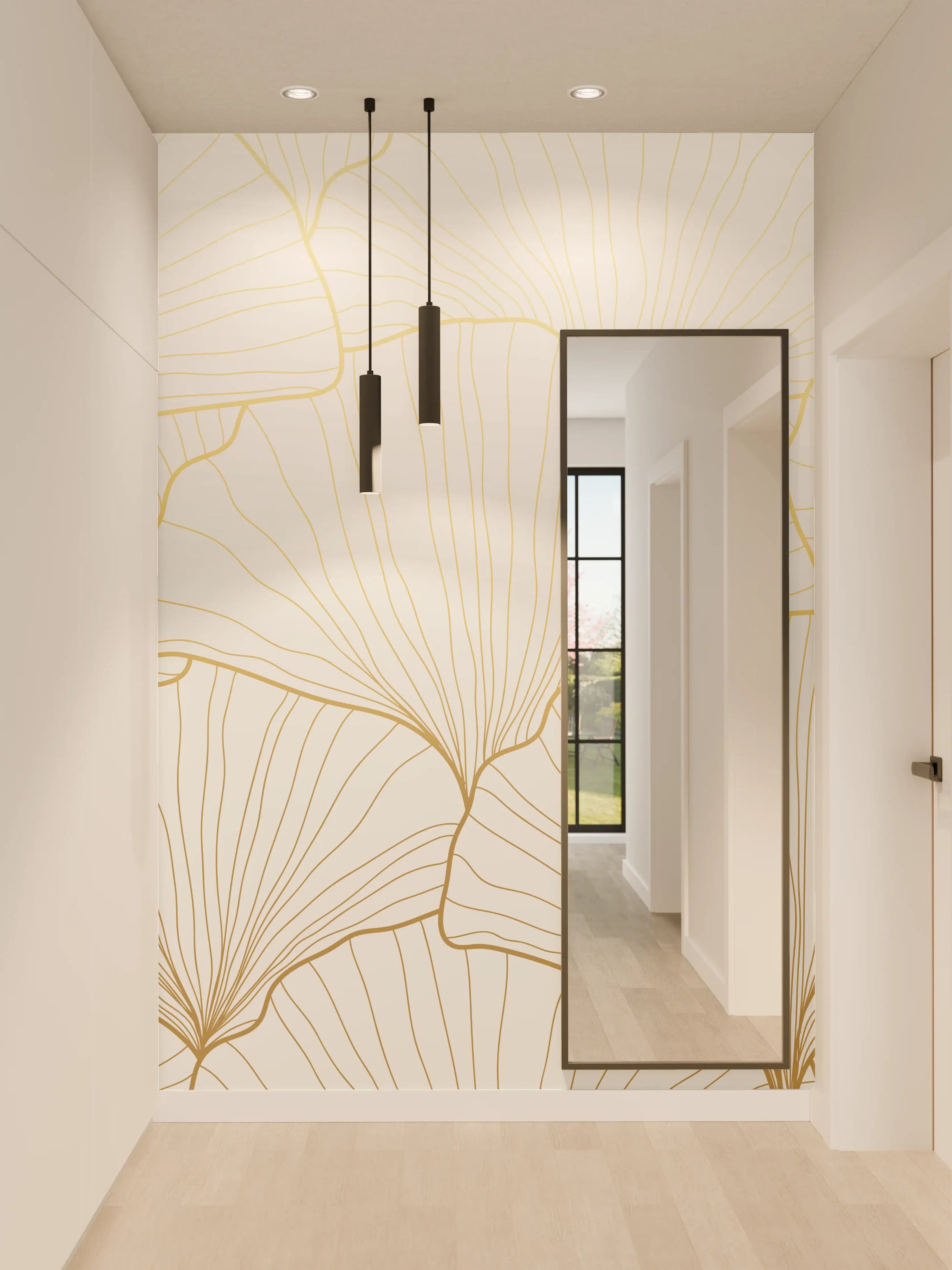 Wandverkleidung Flur - Elegantes Ginkgo-Blatt Design Weiß-Gold