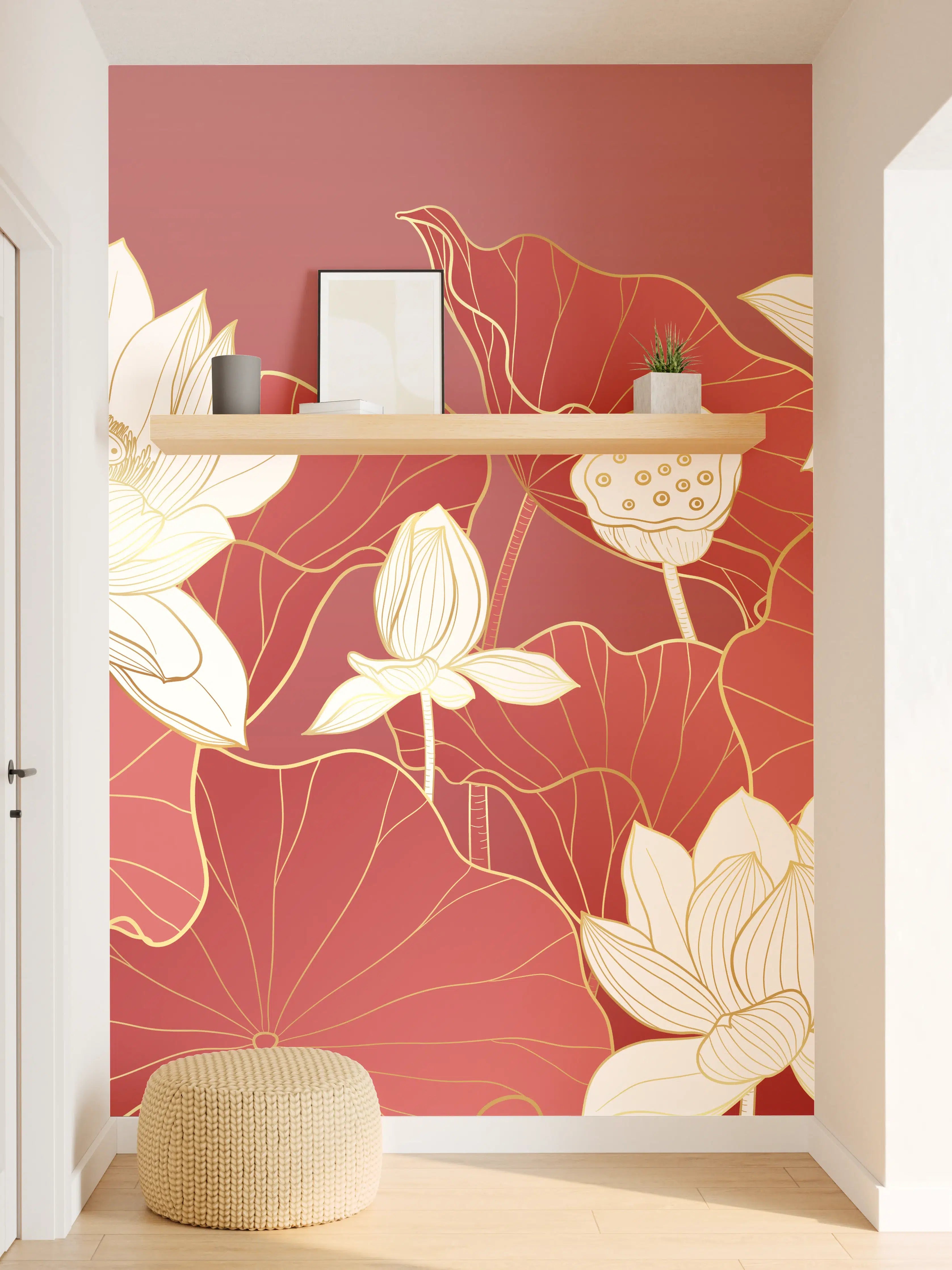 Wandverkleidung Flur - Elegantes Lotus-Design in Rot und Weiß
