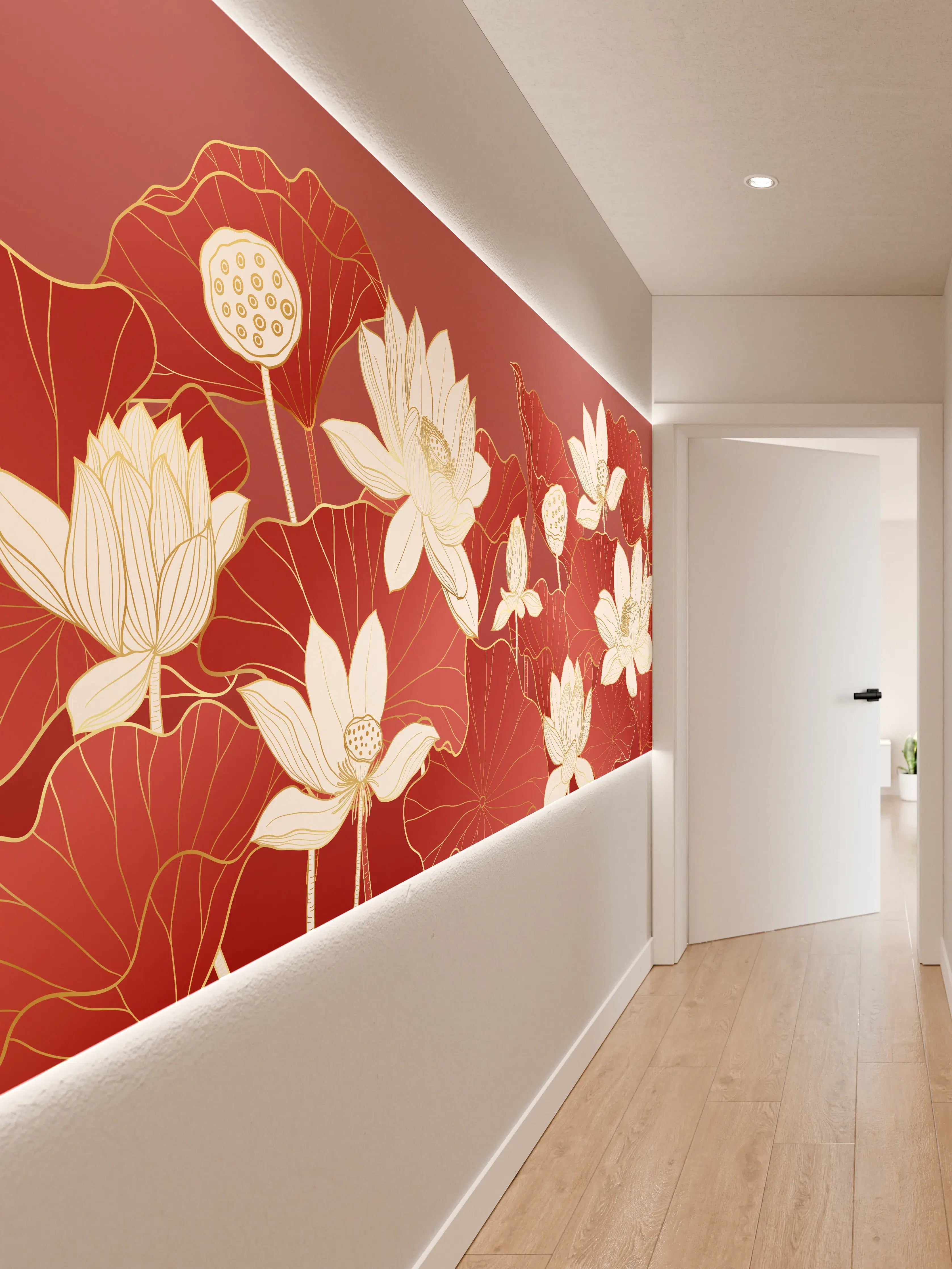 Wandverkleidung Flur - Elegantes Lotus-Design in Rot und Weiß