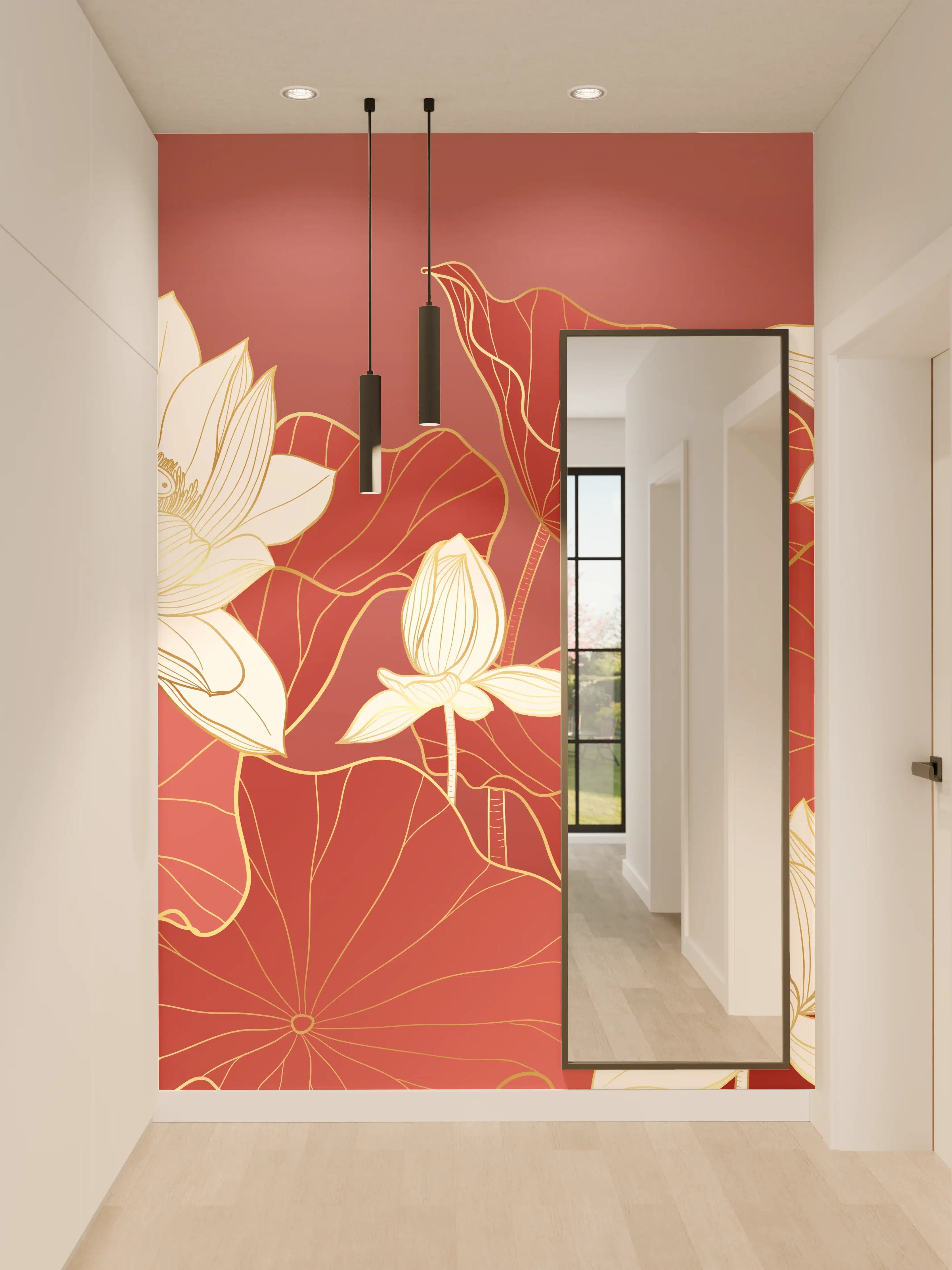 Wandverkleidung Flur - Elegantes Lotus-Design in Rot und Weiß