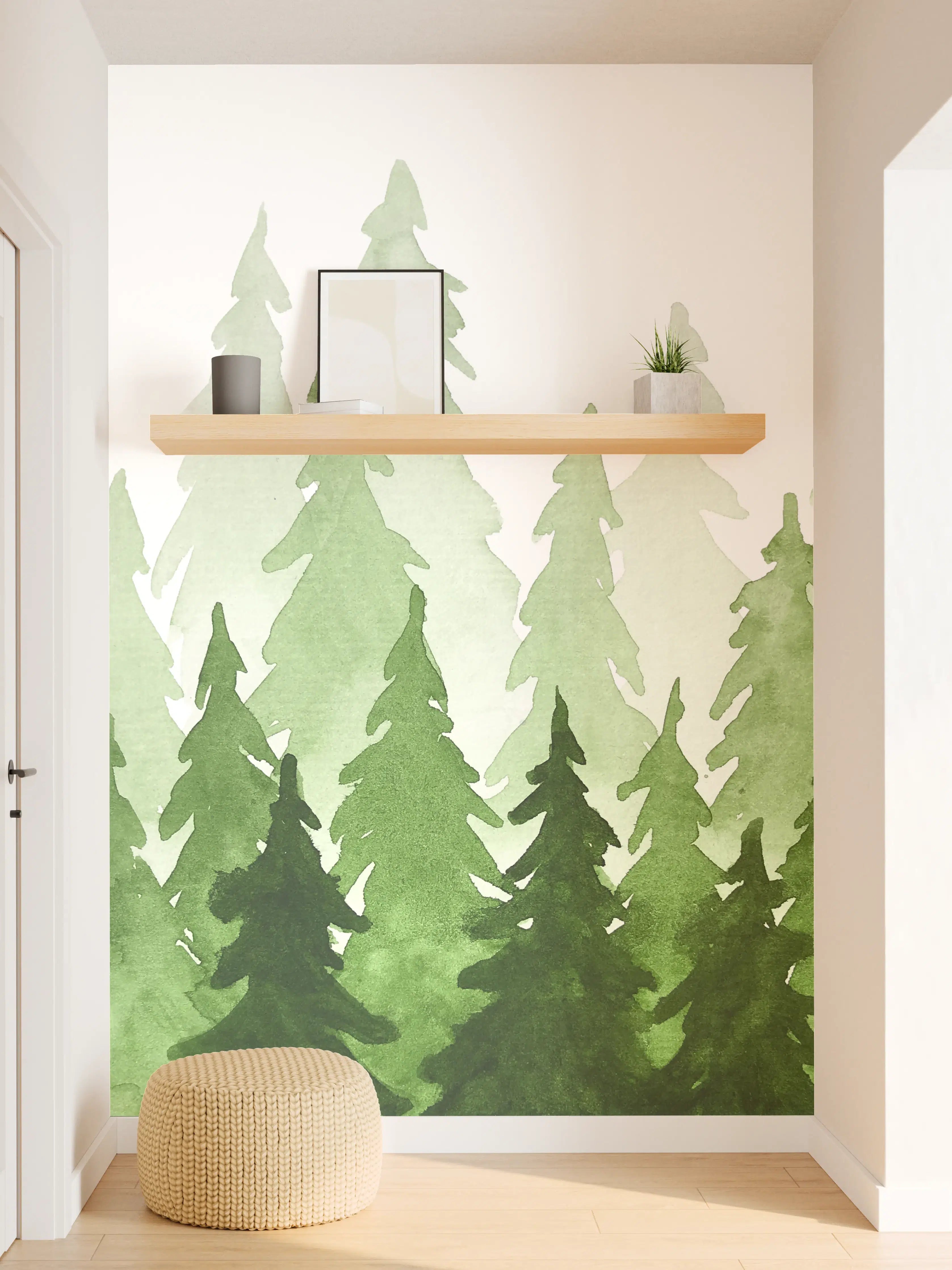 Wandverkleidung Flur - Elegantes Waldmotiv mit Grüntönen