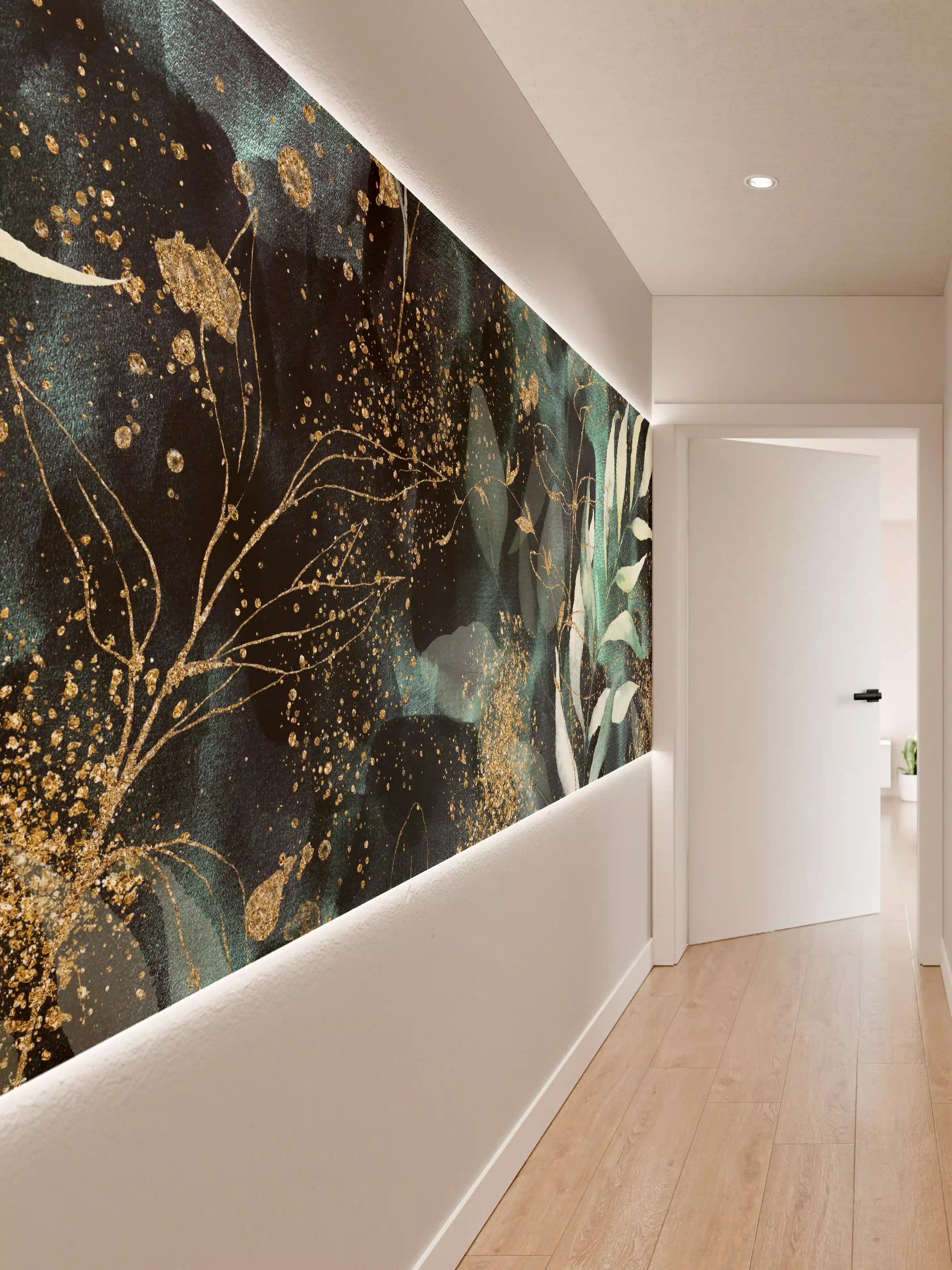 Wandverkleidung Flur - Elegantes Wasserfarbdesign mit Goldakzenten