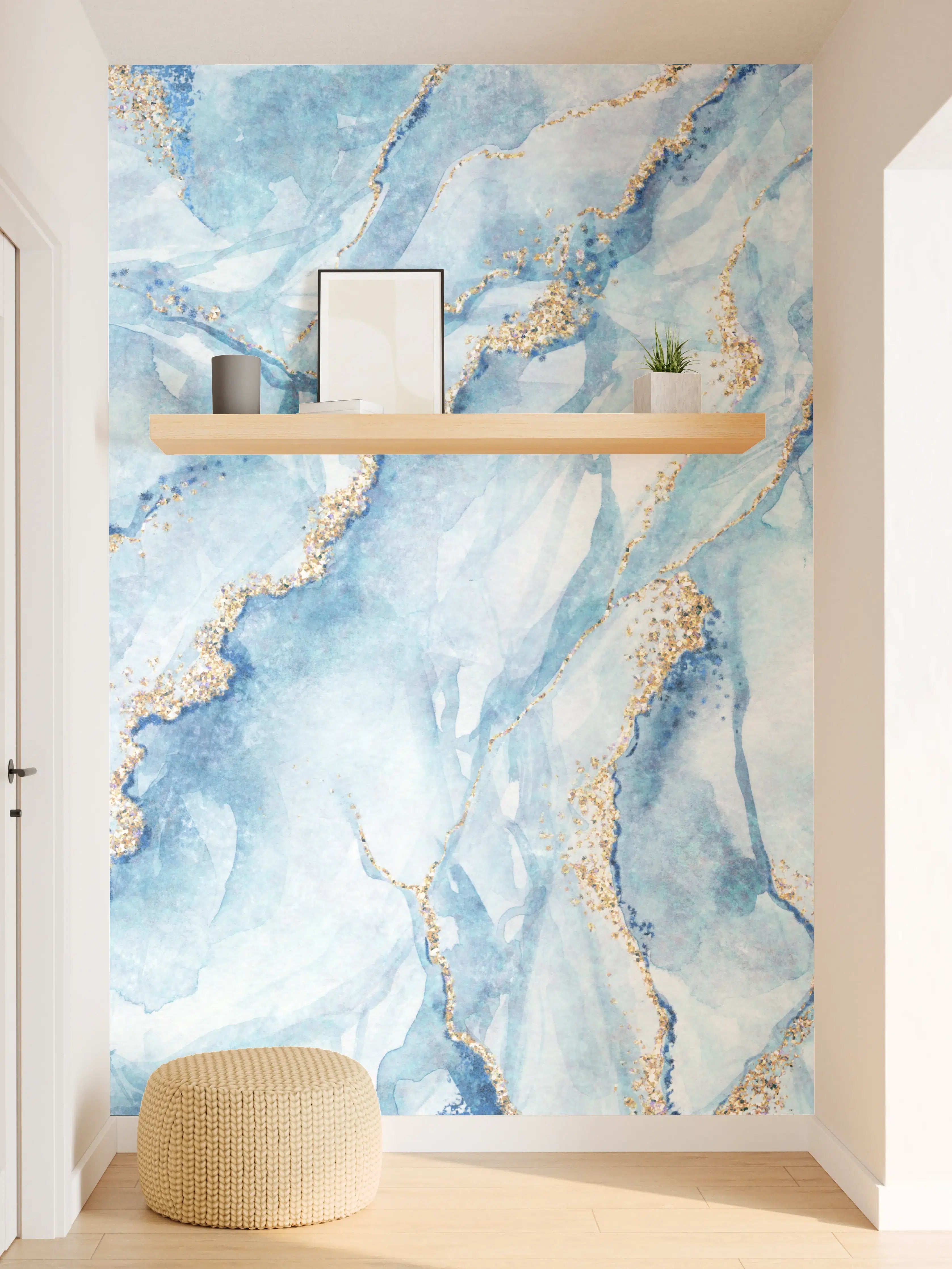 Wandverkleidung Flur - Elegantes blaugraues Marmor-Design mit goldenen Akzenten