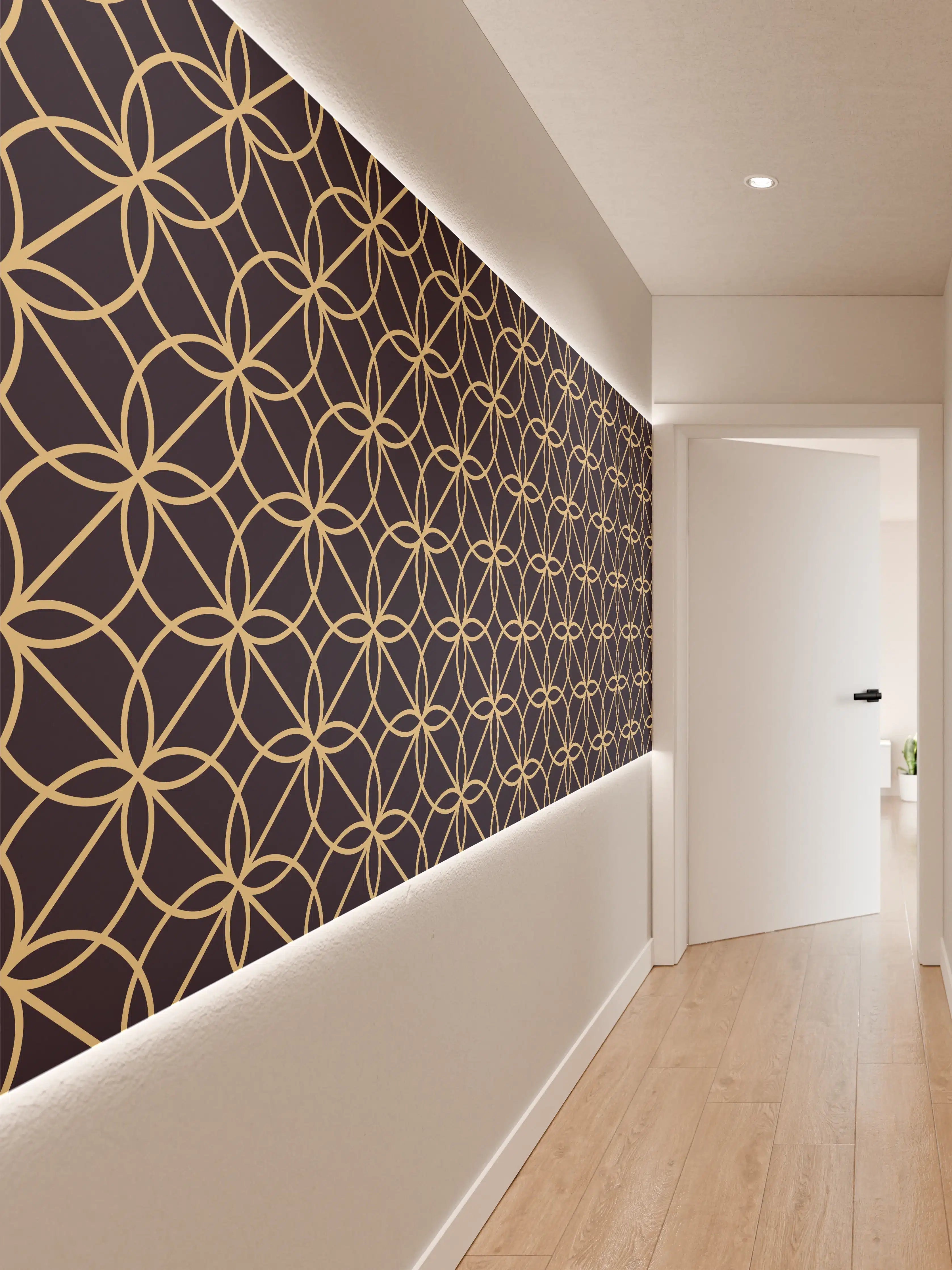 Wandverkleidung Flur - Elegantes geometrisches Muster in Gold auf Dunkelblau
