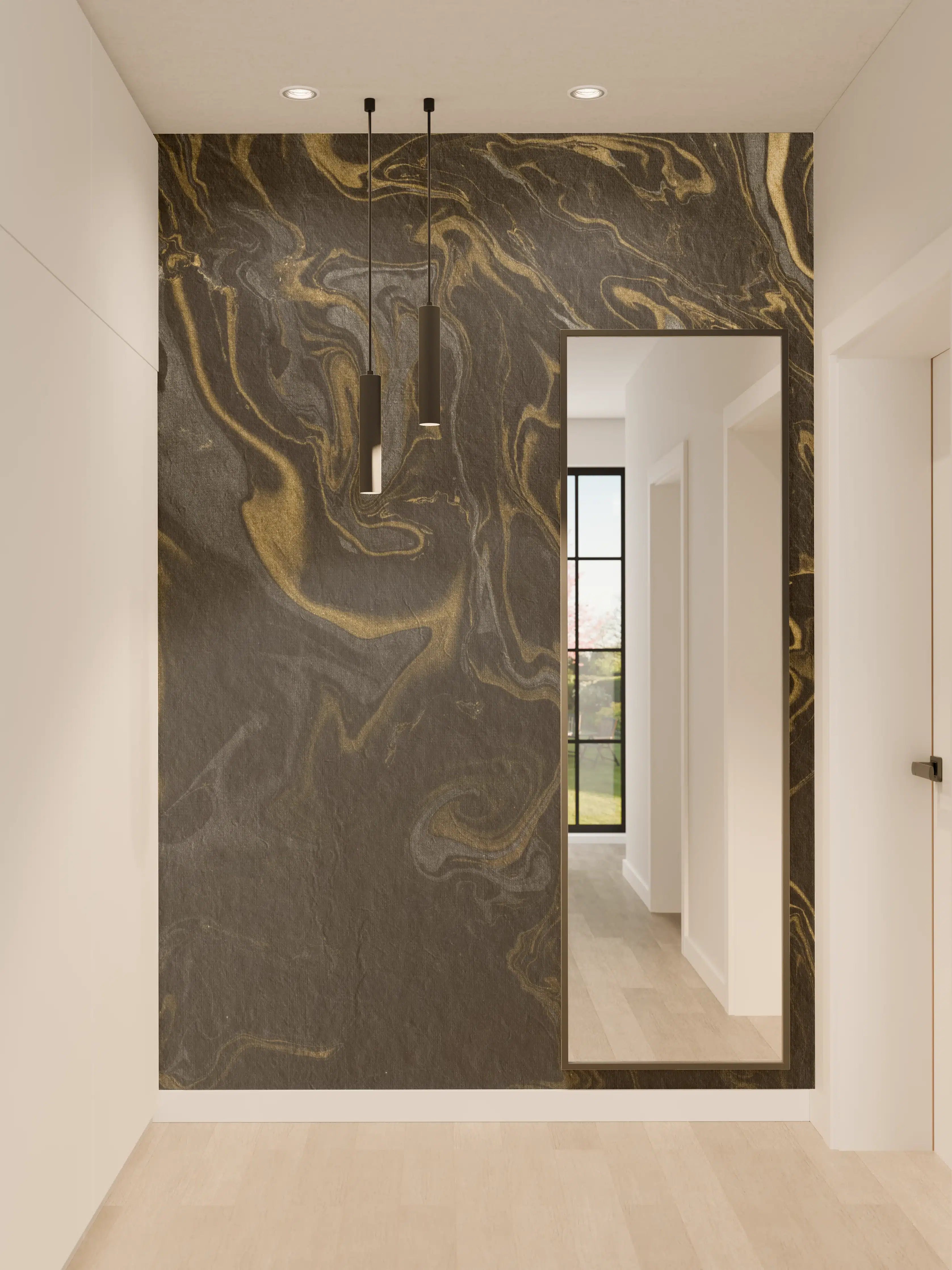 Wandverkleidung Flur - Elegantes schwarzes Marmor-Design mit goldenen Akzenten