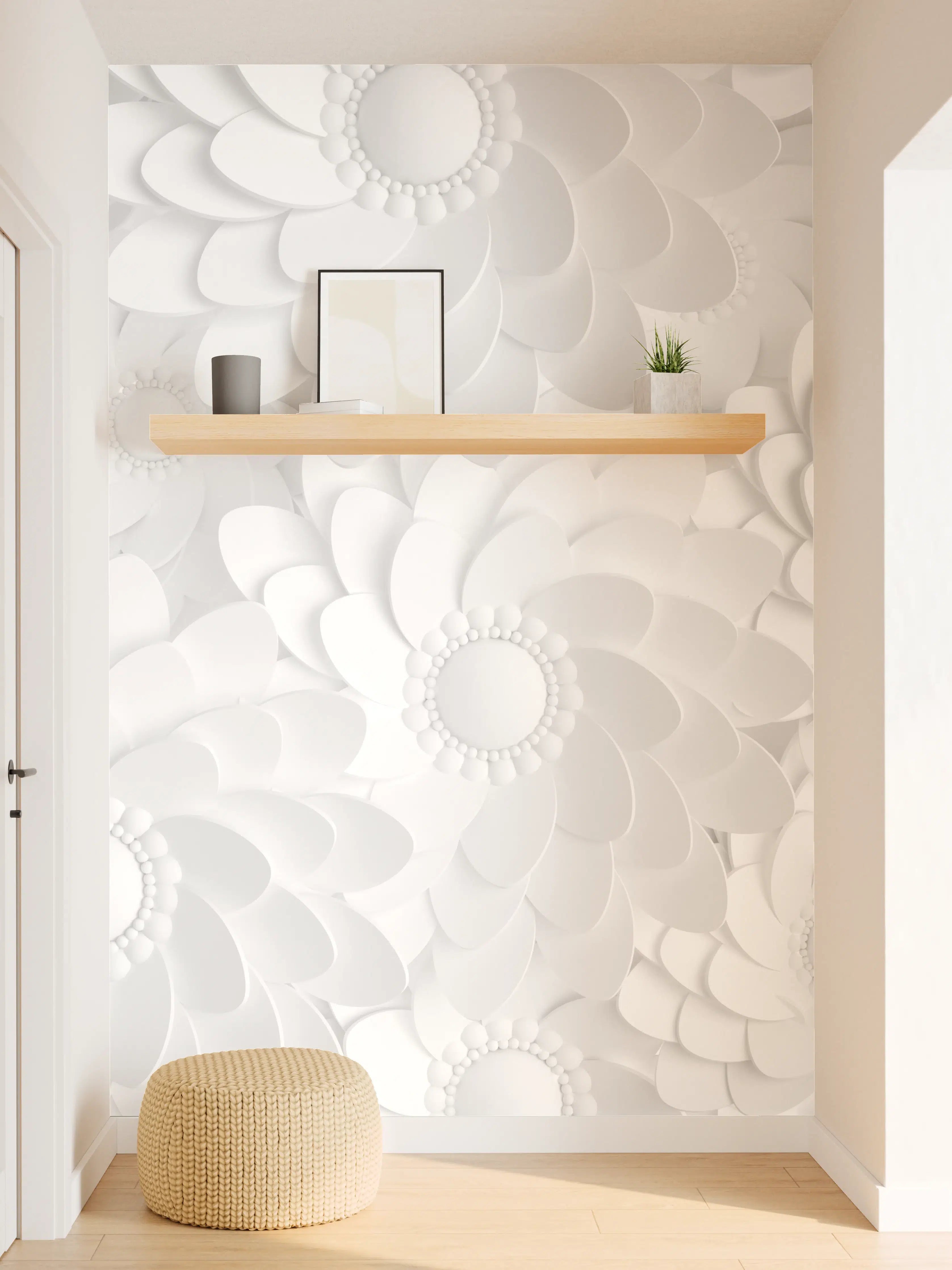 Wandverkleidung Flur - Elegantes weißes Blumenmuster Wallpaper