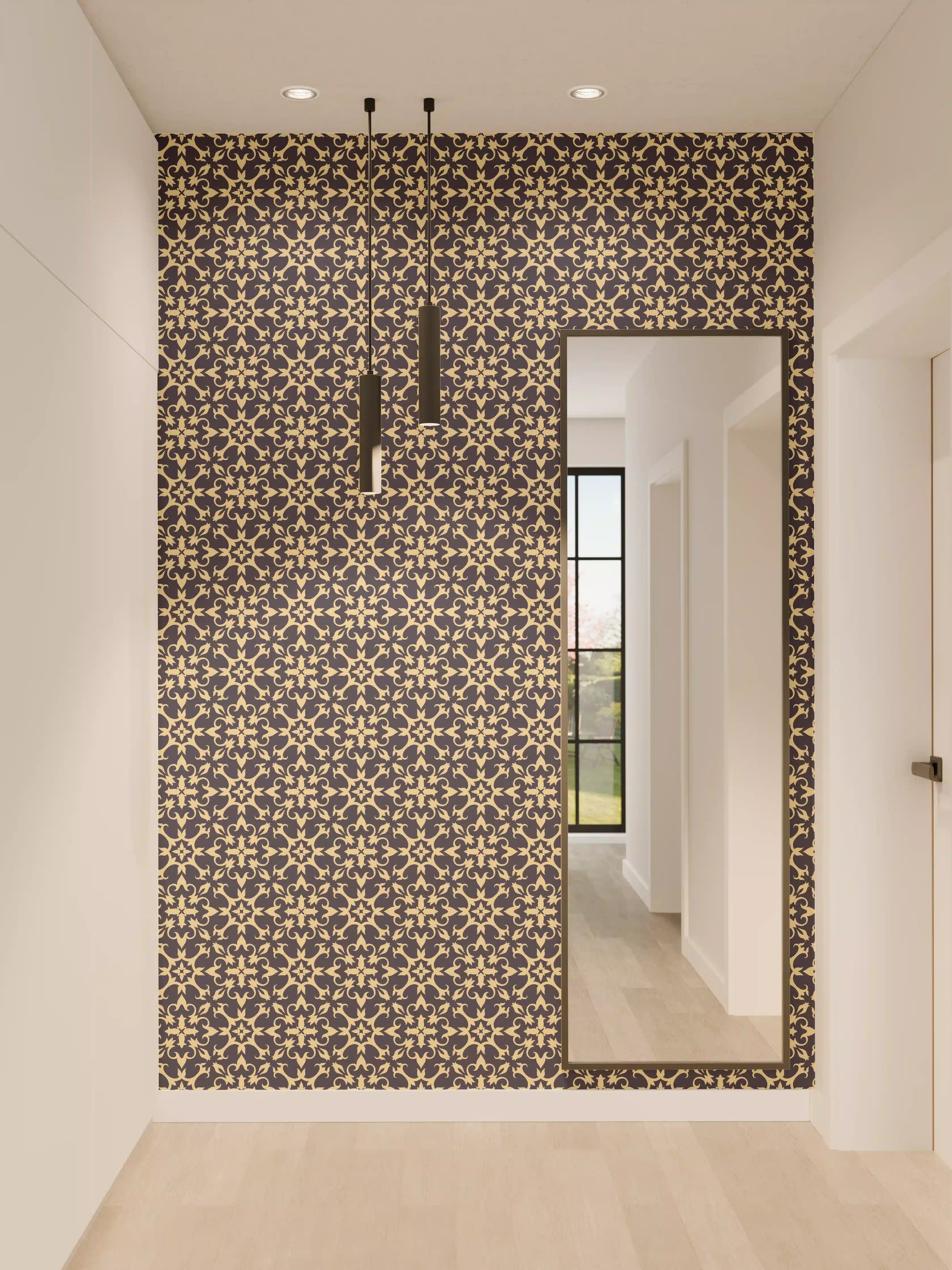 Wandverkleidung Flur - Elegantes, detailliertes Muster in Dunkelblau und Beige