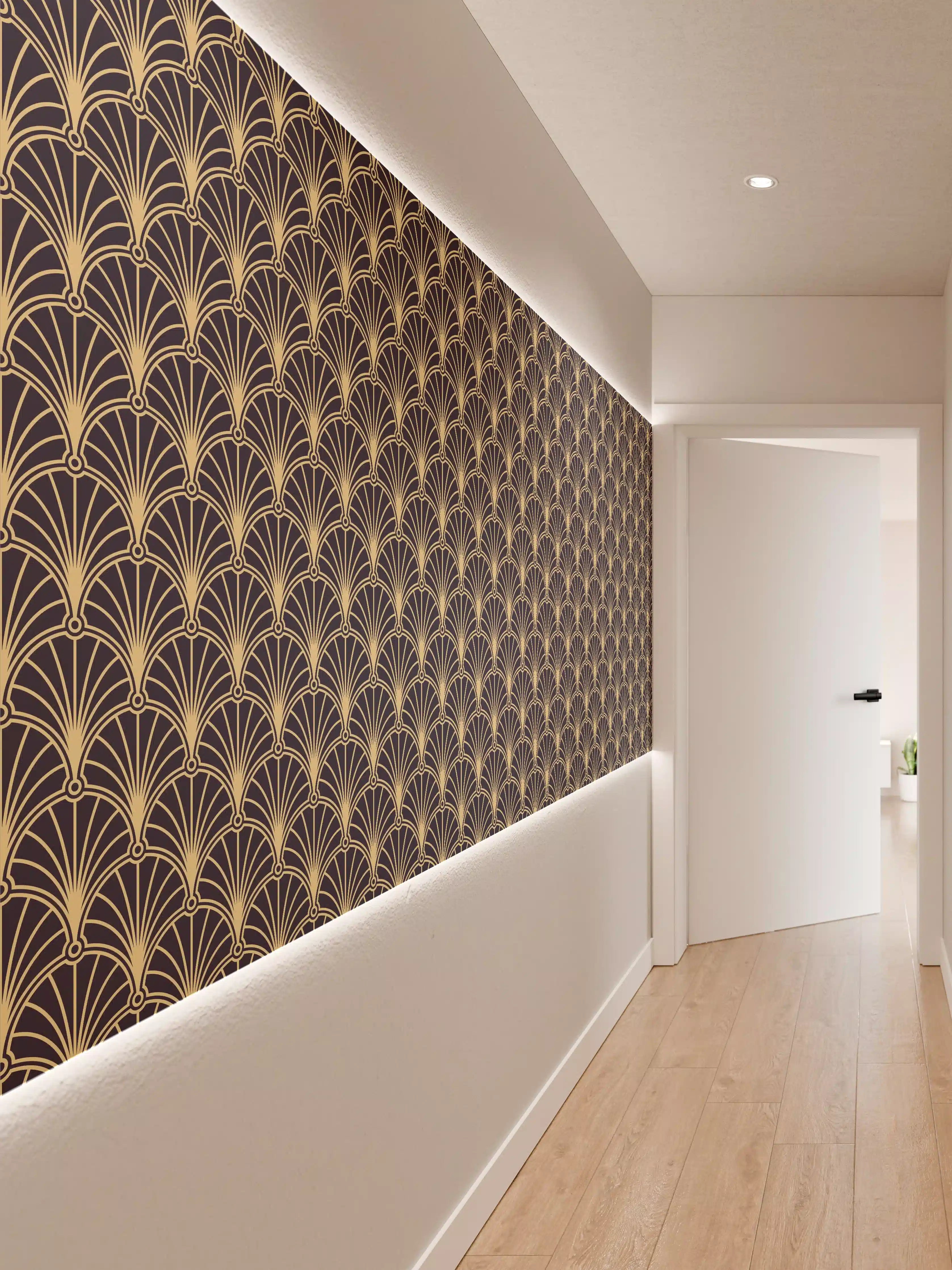 Wandverkleidung Flur - Elegantes, geometrisches Muster in Blau und Gold