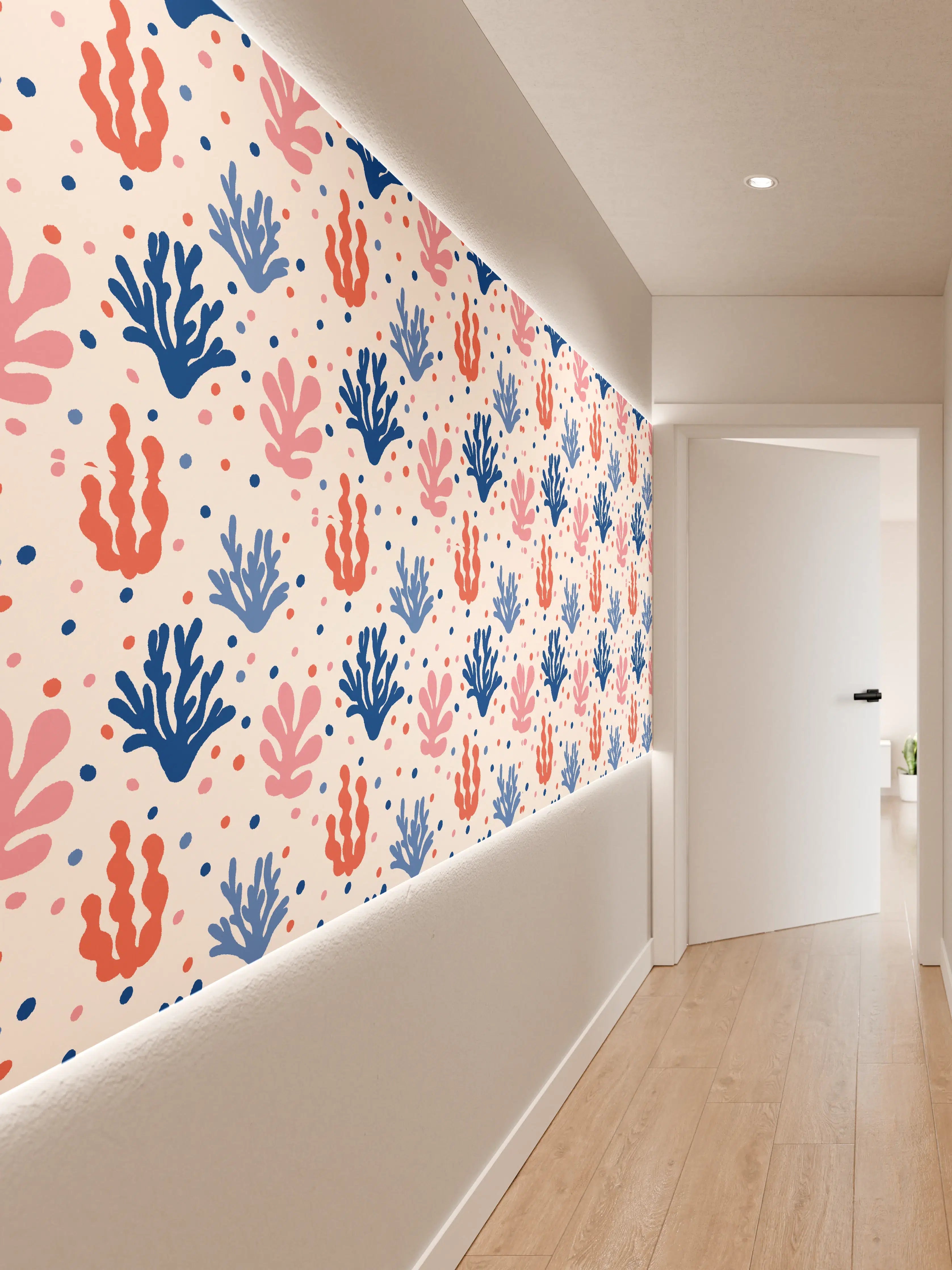 Wandverkleidung Flur - Exotisches Korallen-Design in Blau und Rosa