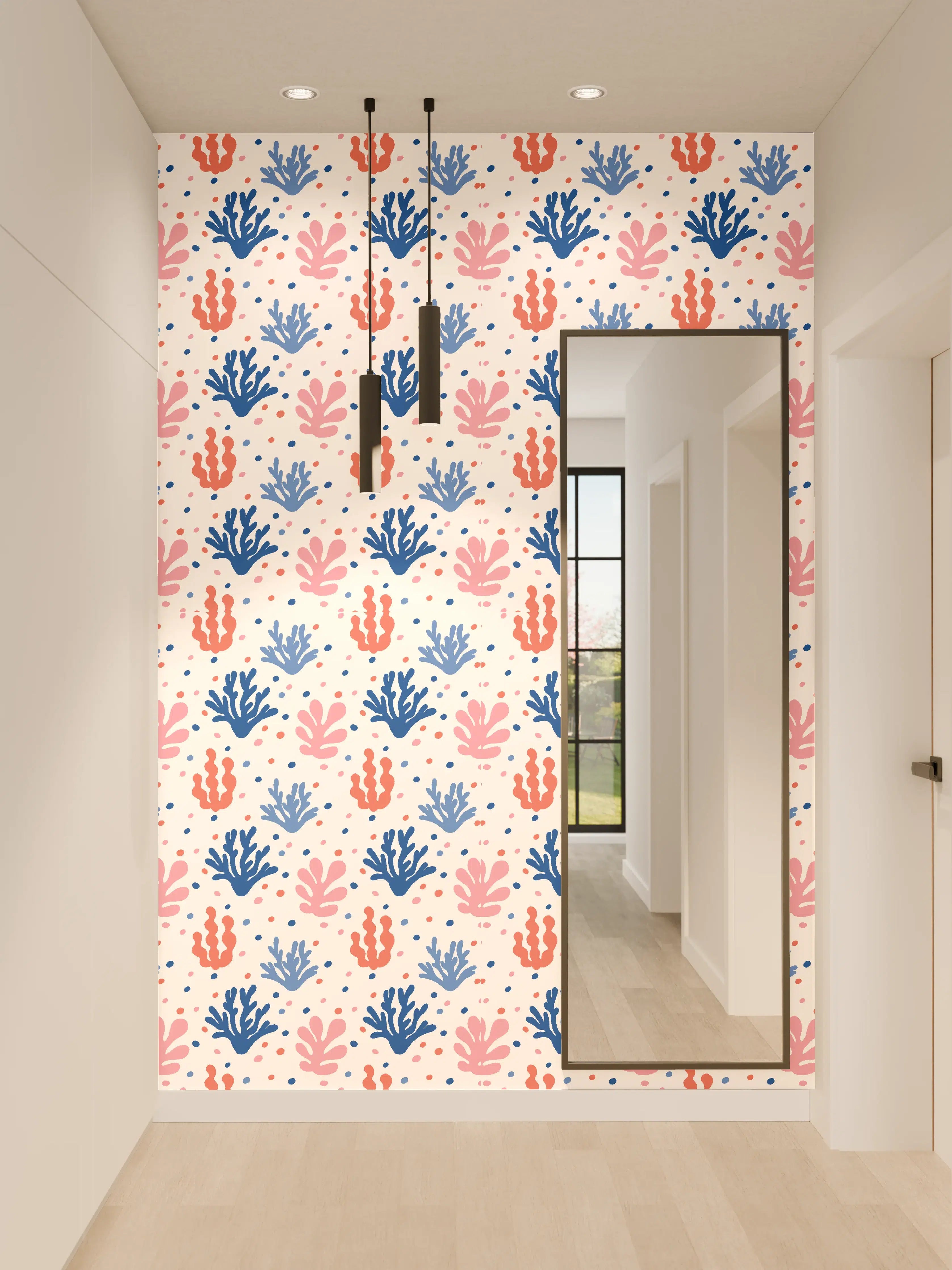 Wandverkleidung Flur - Exotisches Korallen-Design in Blau und Rosa