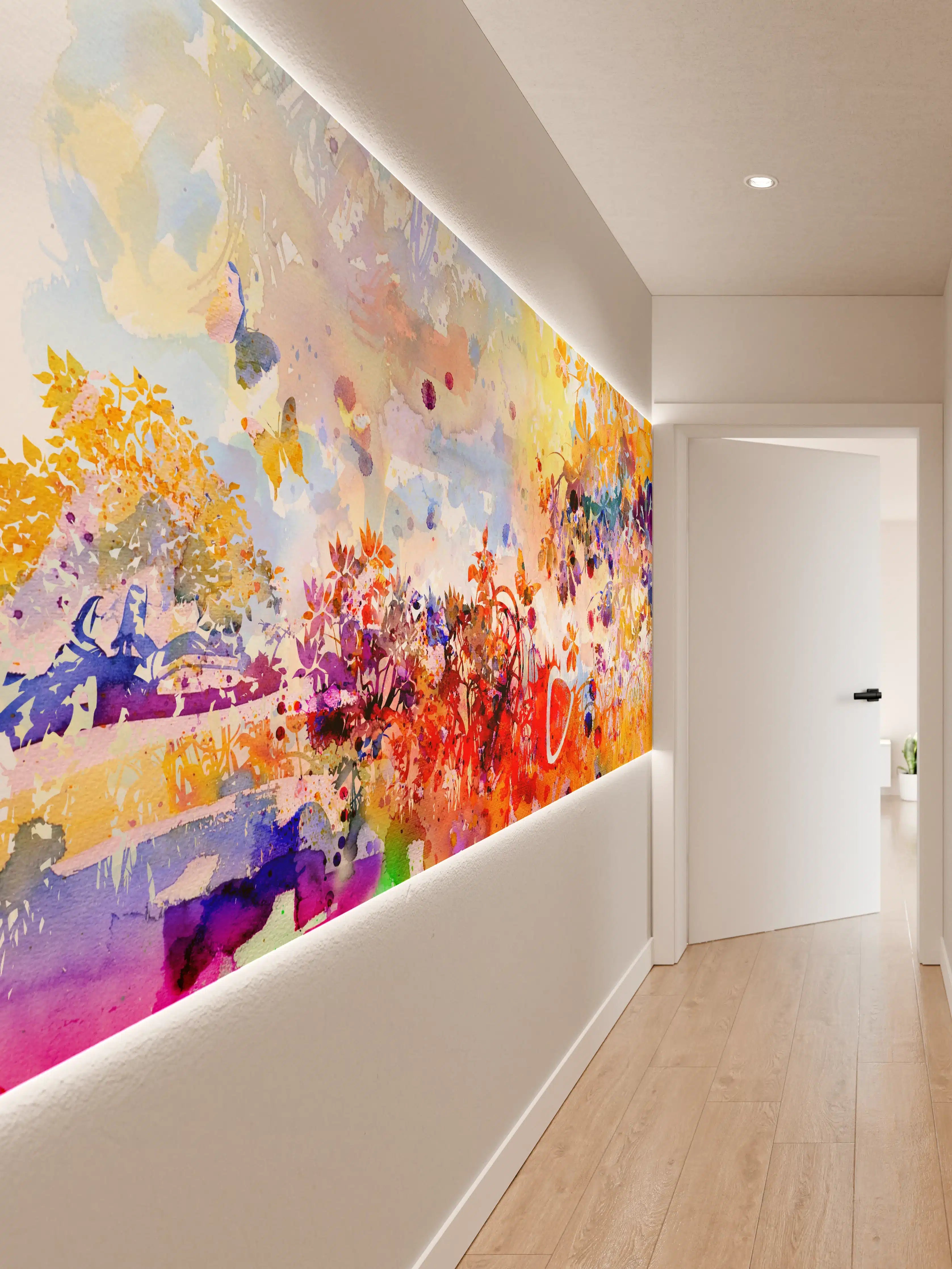 Wandverkleidung Flur - Farbenfrohe Aquarellkunst mit Blumen und Naturmotiven