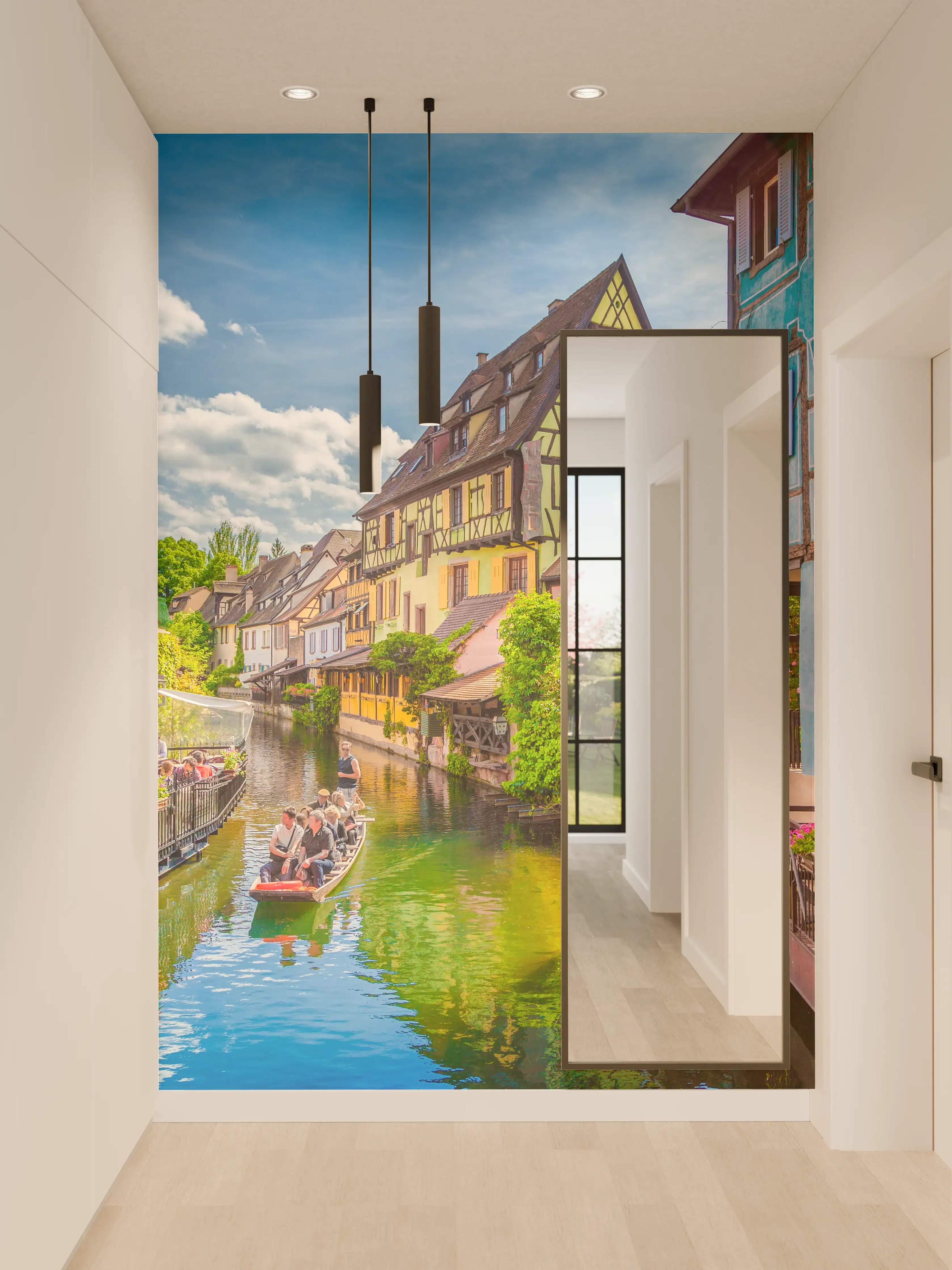 Wandverkleidung Flur - Farbenfrohe Fachwerkhäuser in einer malerischen Wasserstadt