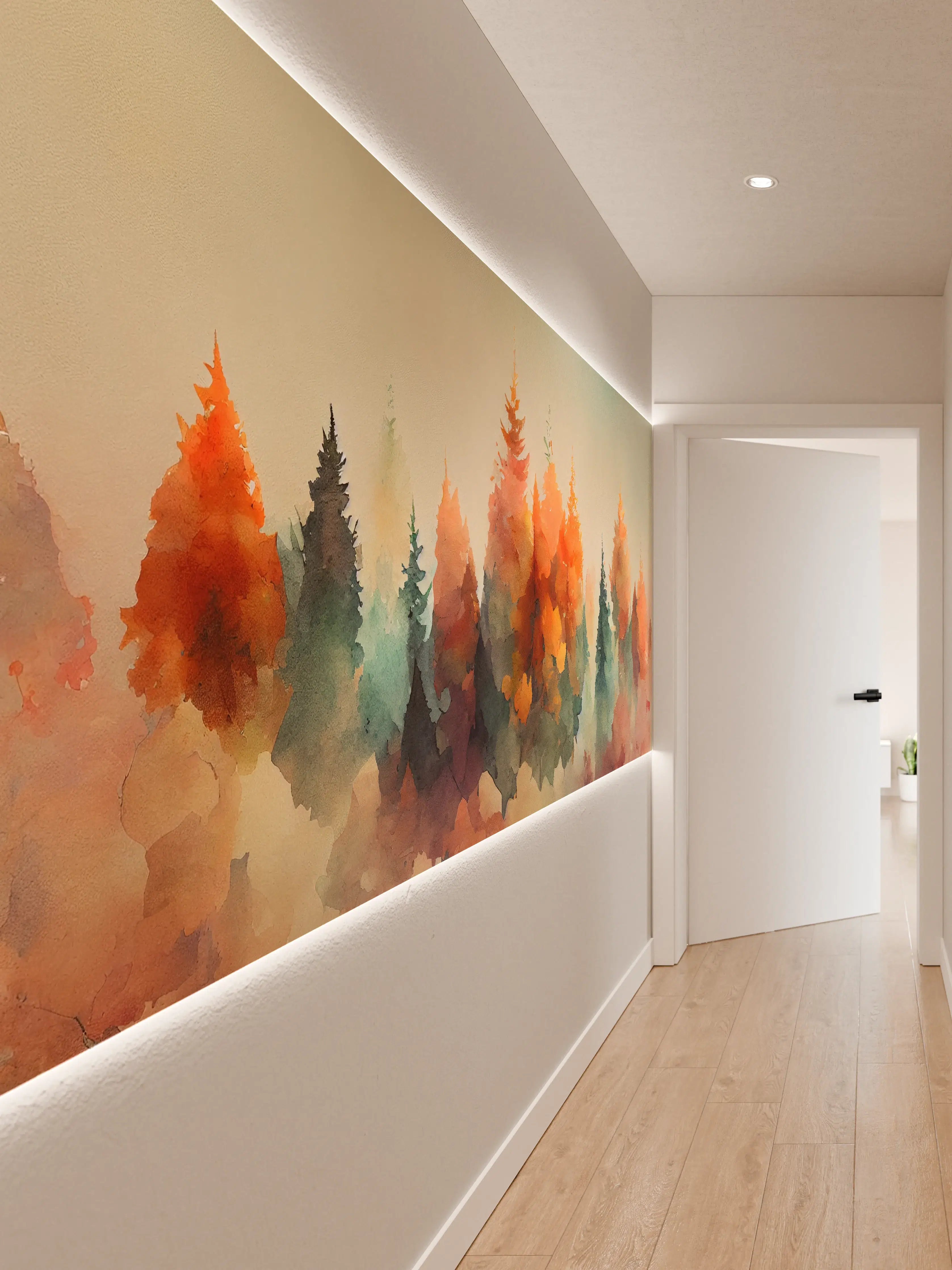 Wandverkleidung Flur - Farbenfrohe Waldszenerie in Aquarelltechnik