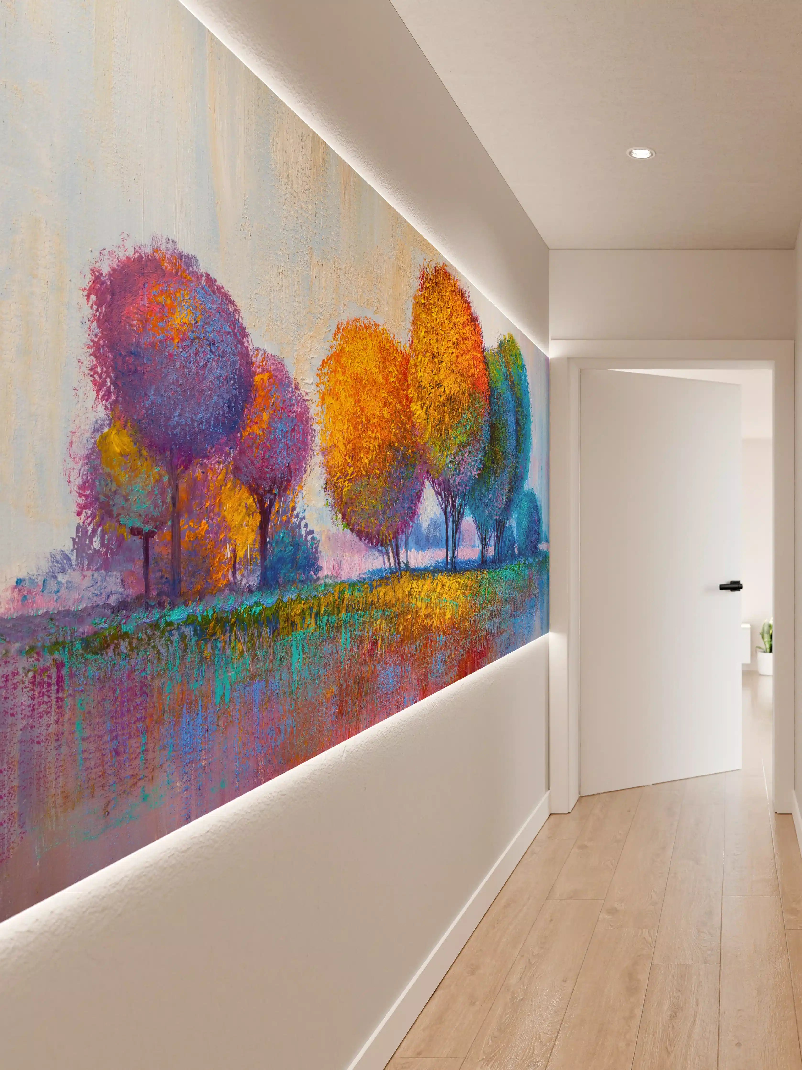 Wandverkleidung Flur - Farbenfroher Baumgarten in Impressionistischer Maltechnik
