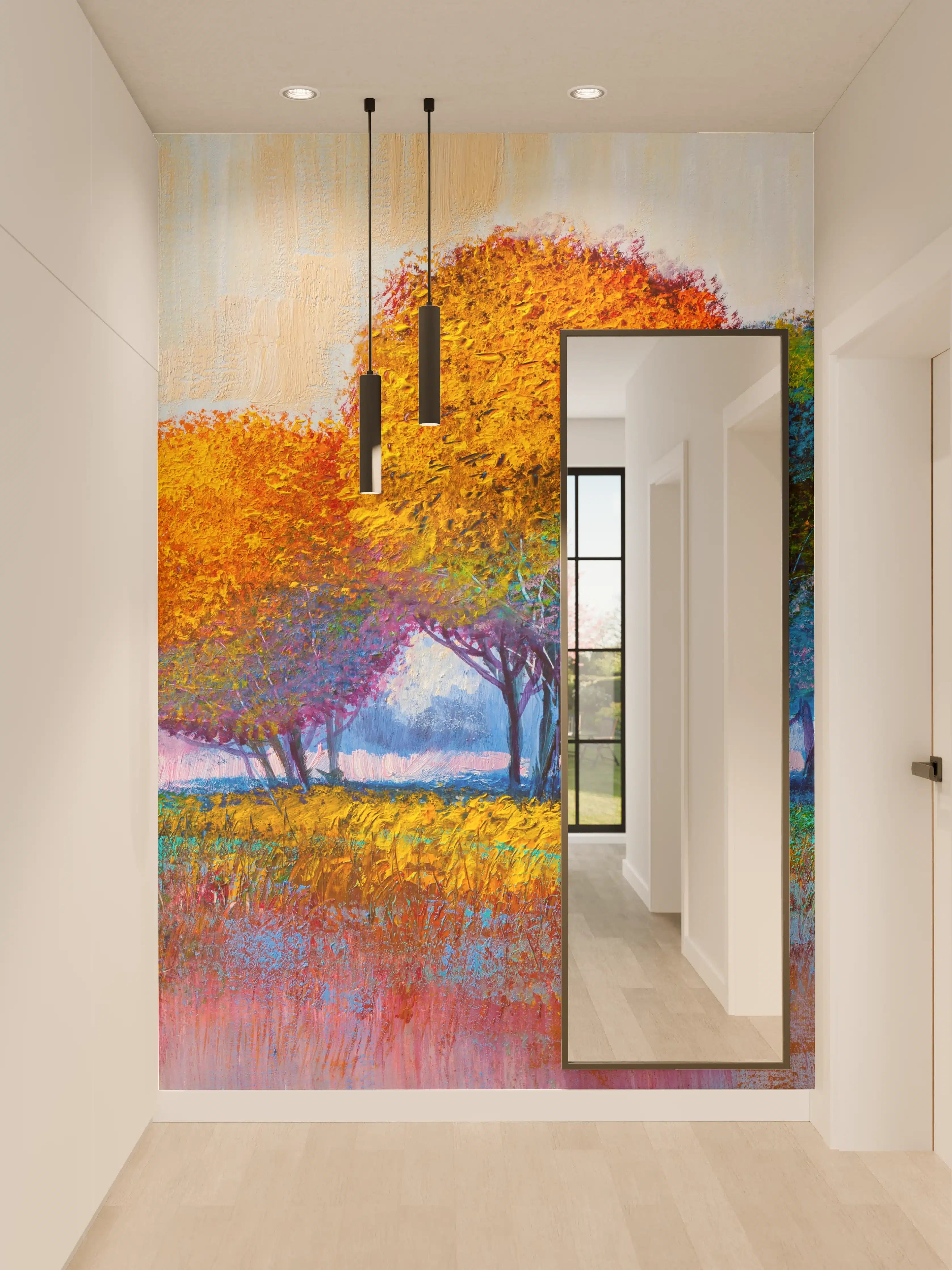 Wandverkleidung Flur - Farbenfroher Baumgarten in Impressionistischer Maltechnik