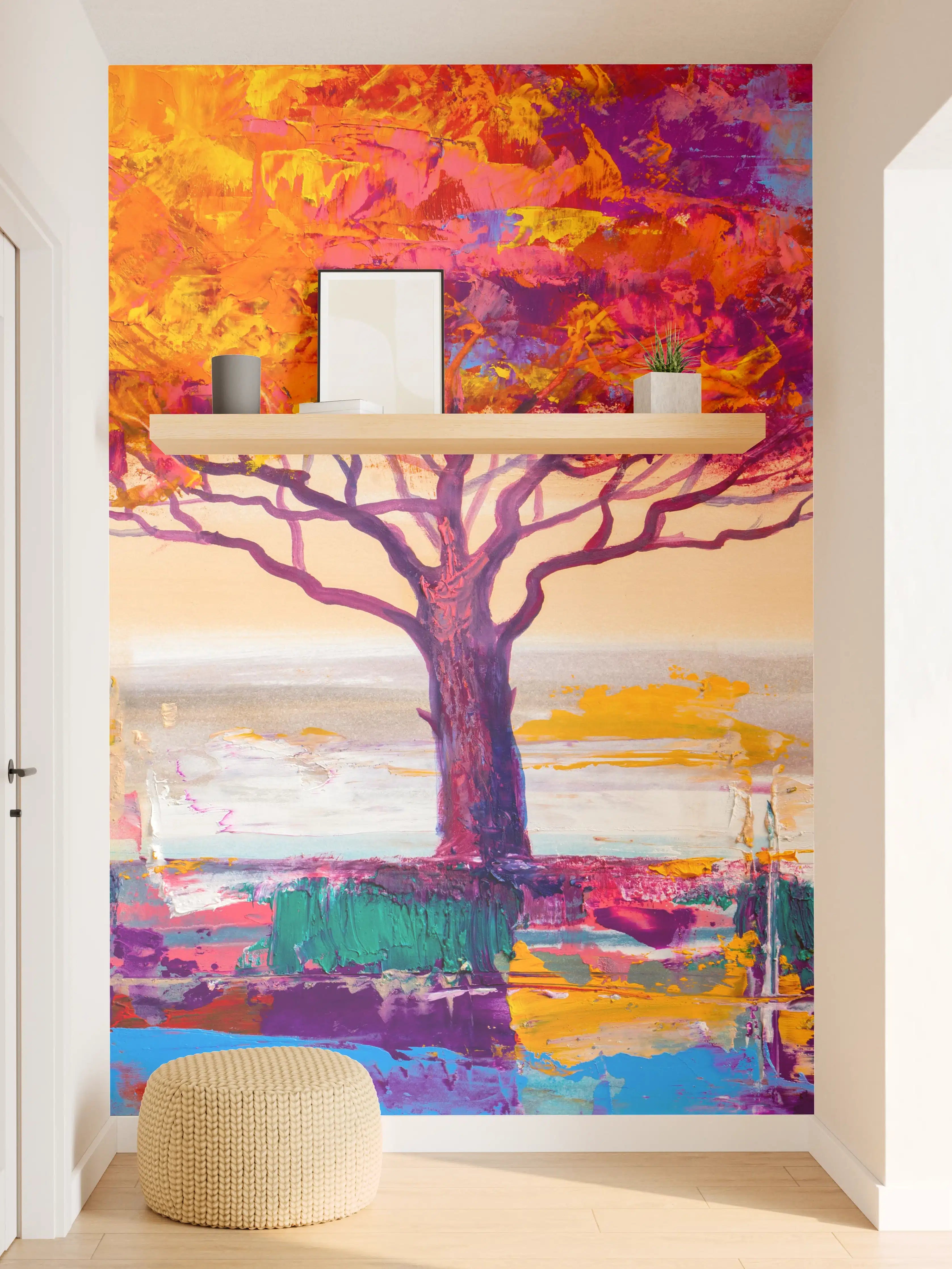 Wandverkleidung Flur - Farbenfroher Herbstbaum im Aquarellstil