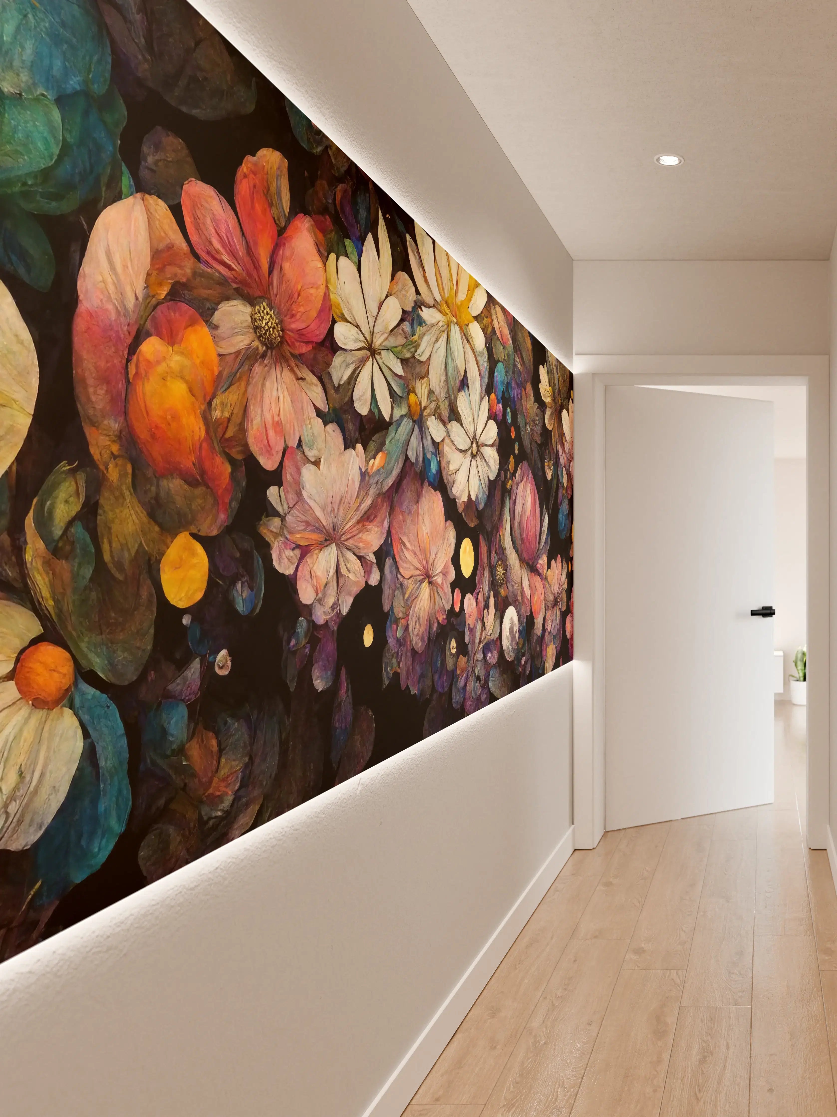 Wandverkleidung Flur - Farbenfrohes Blumenmeer in Dunkelheit