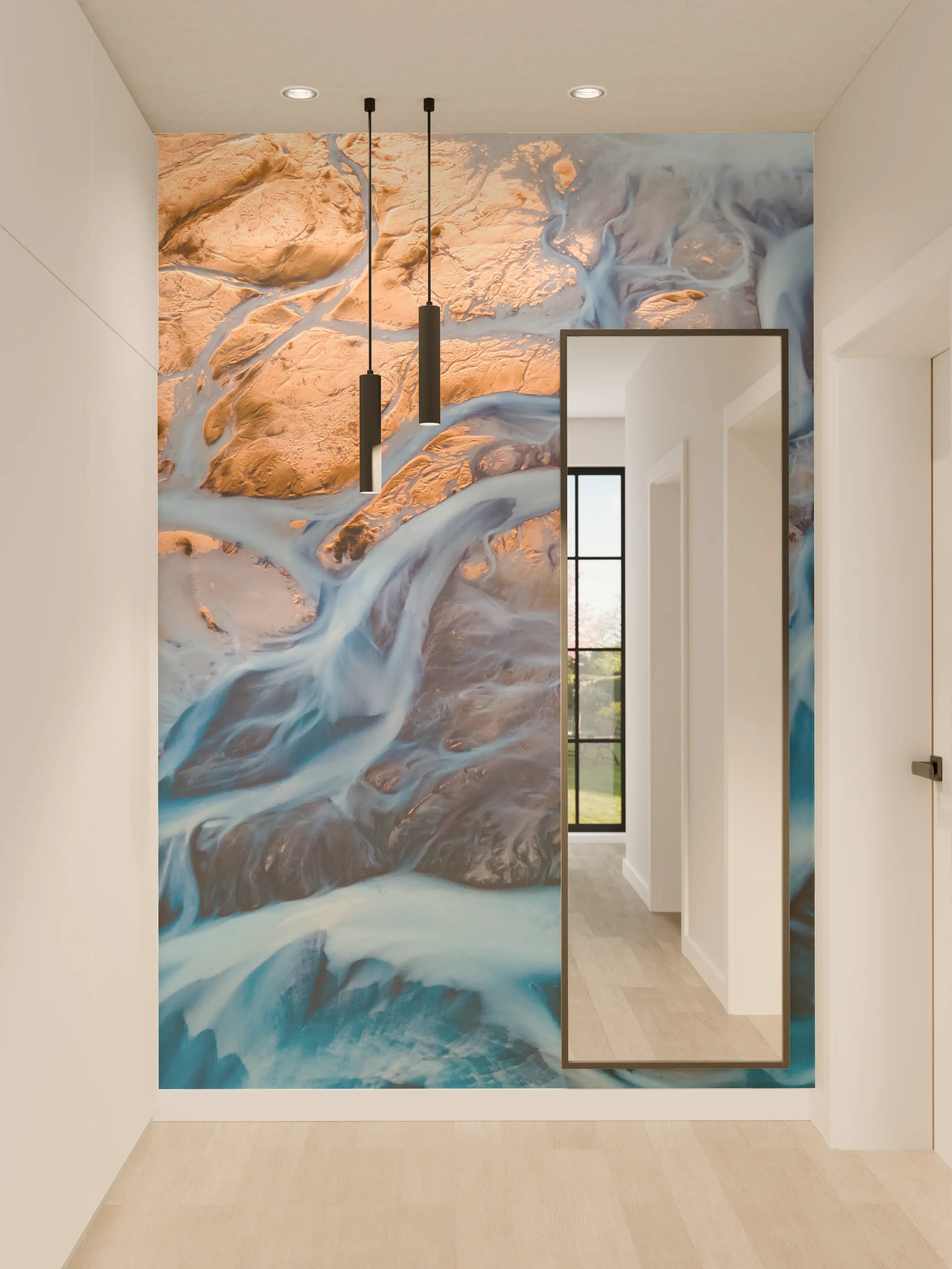 Wandverkleidung Flur - Farbenfrohes Naturbild mit Fluss und Felsen