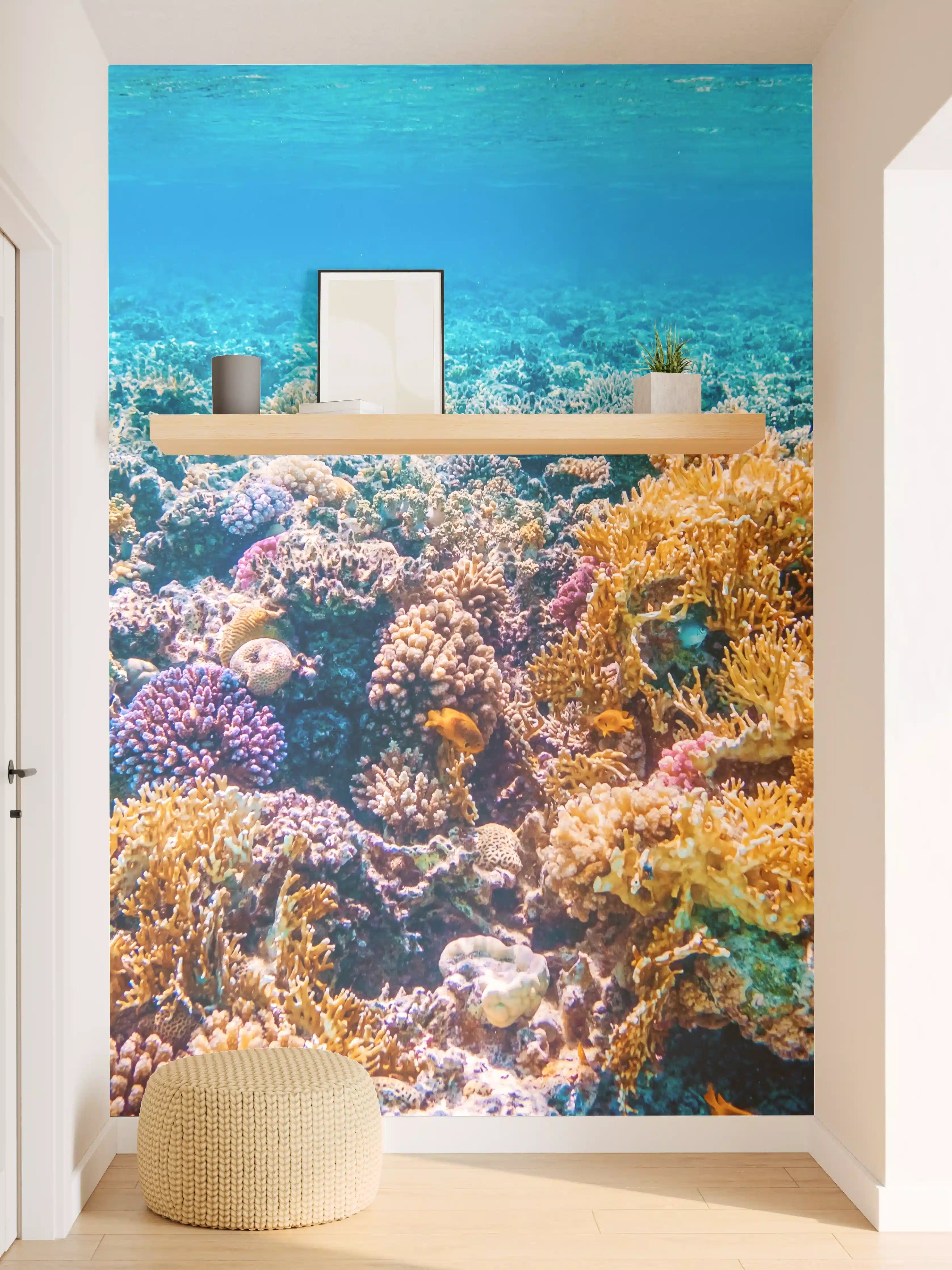 Wandverkleidung Flur - Farbige Korallenriffe im Grau-Meer