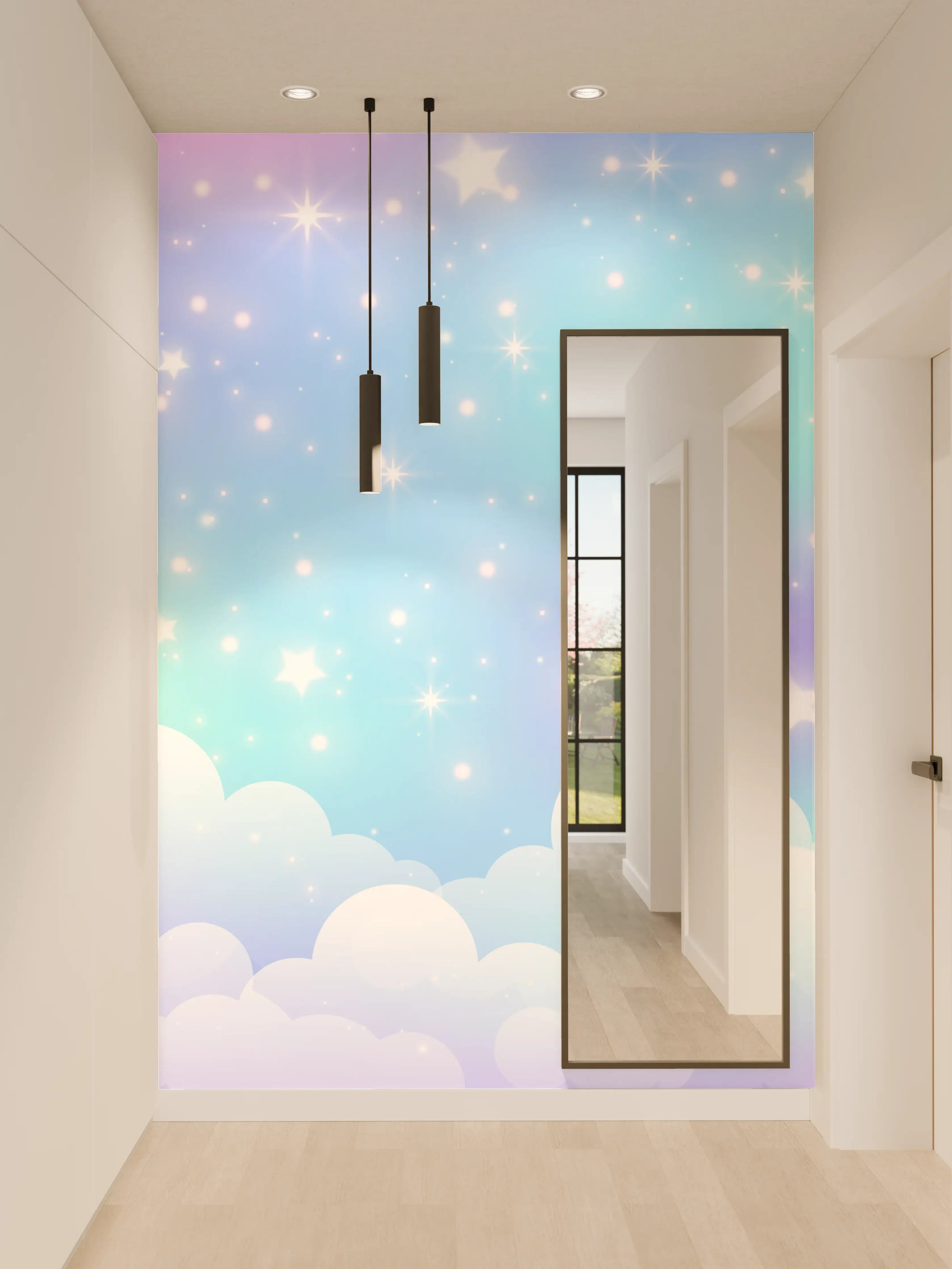 Wandverkleidung Flur - Farbpalette aus Pastell-Himmel mit Sternen und Wolken