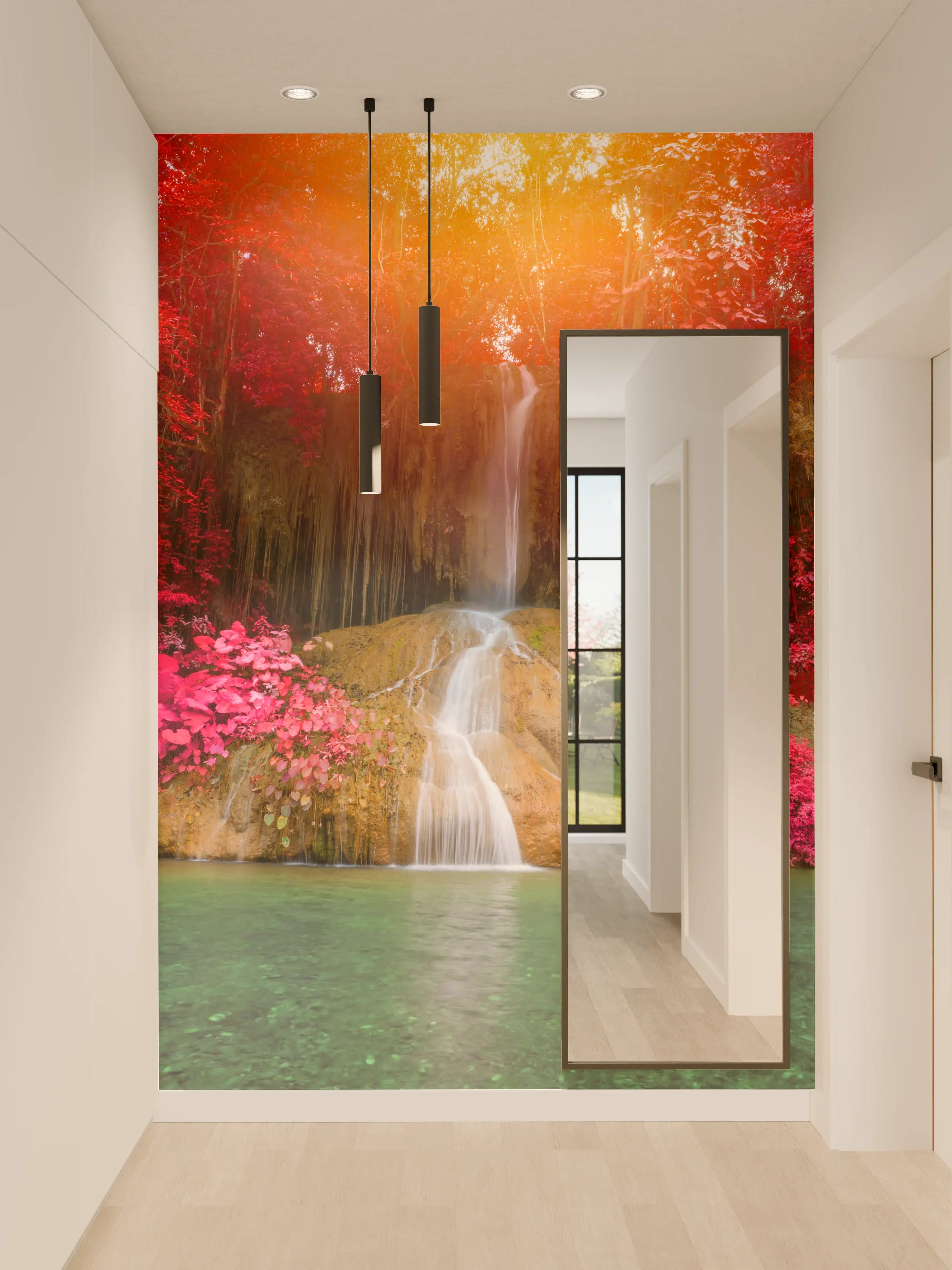 Wandverkleidung Flur - Farbprächtiger Wasserfall in exotischer Natur