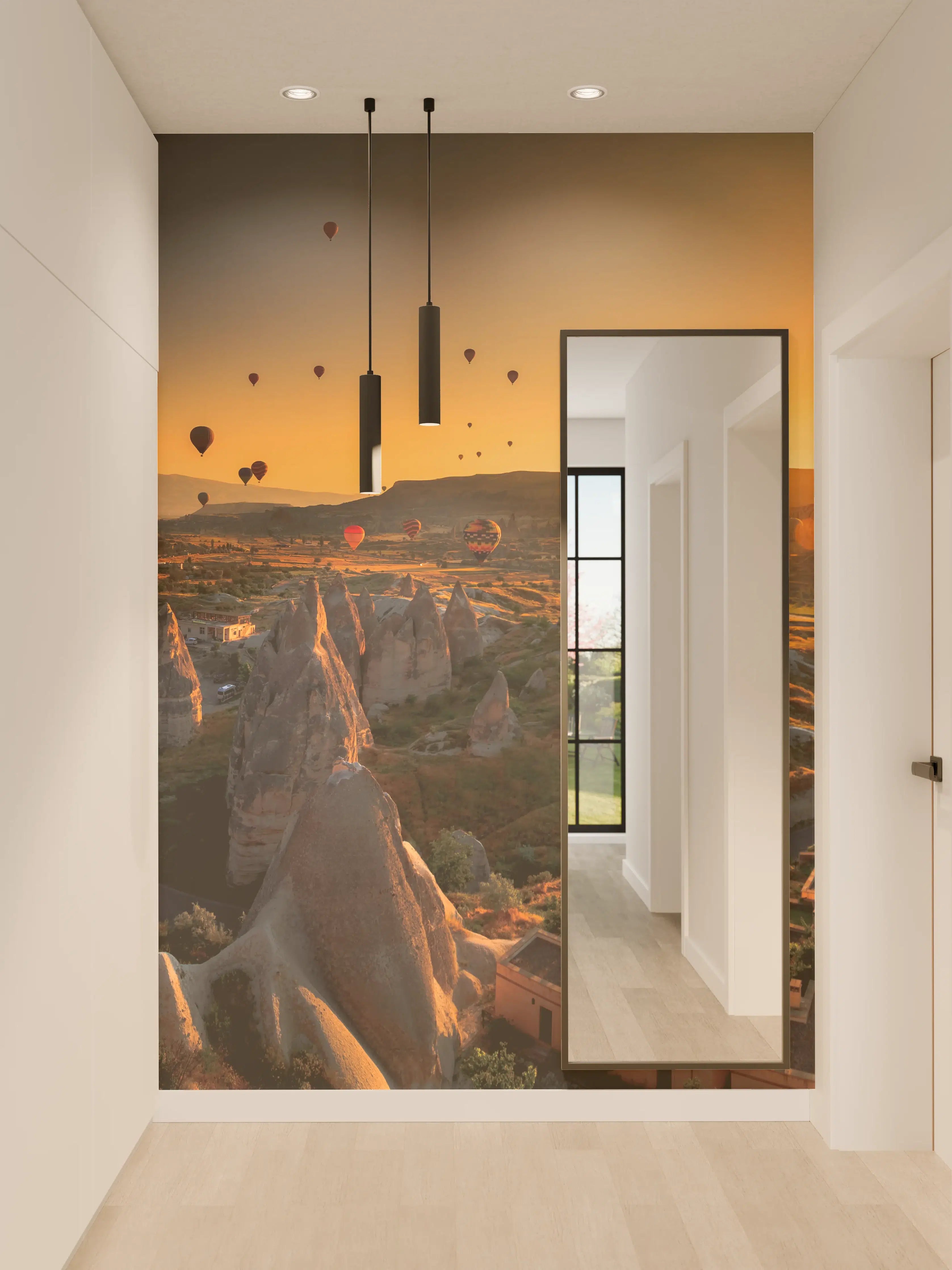 Wandverkleidung Flur - Faszinender Sonnenaufgang mit Heißluftballons in Cappadocia