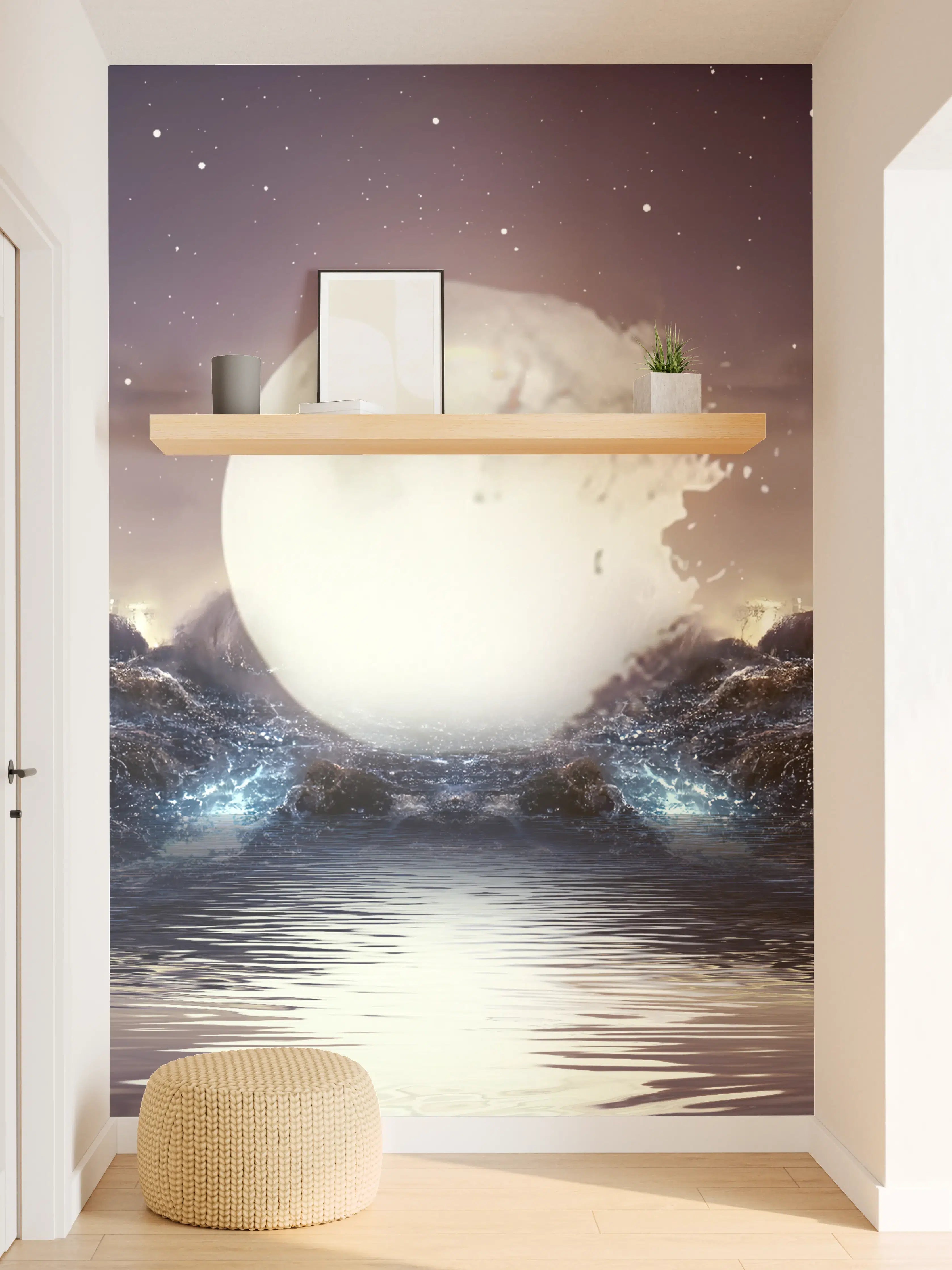 Wandverkleidung Flur - Faszinierende Mondnacht mit Wellen