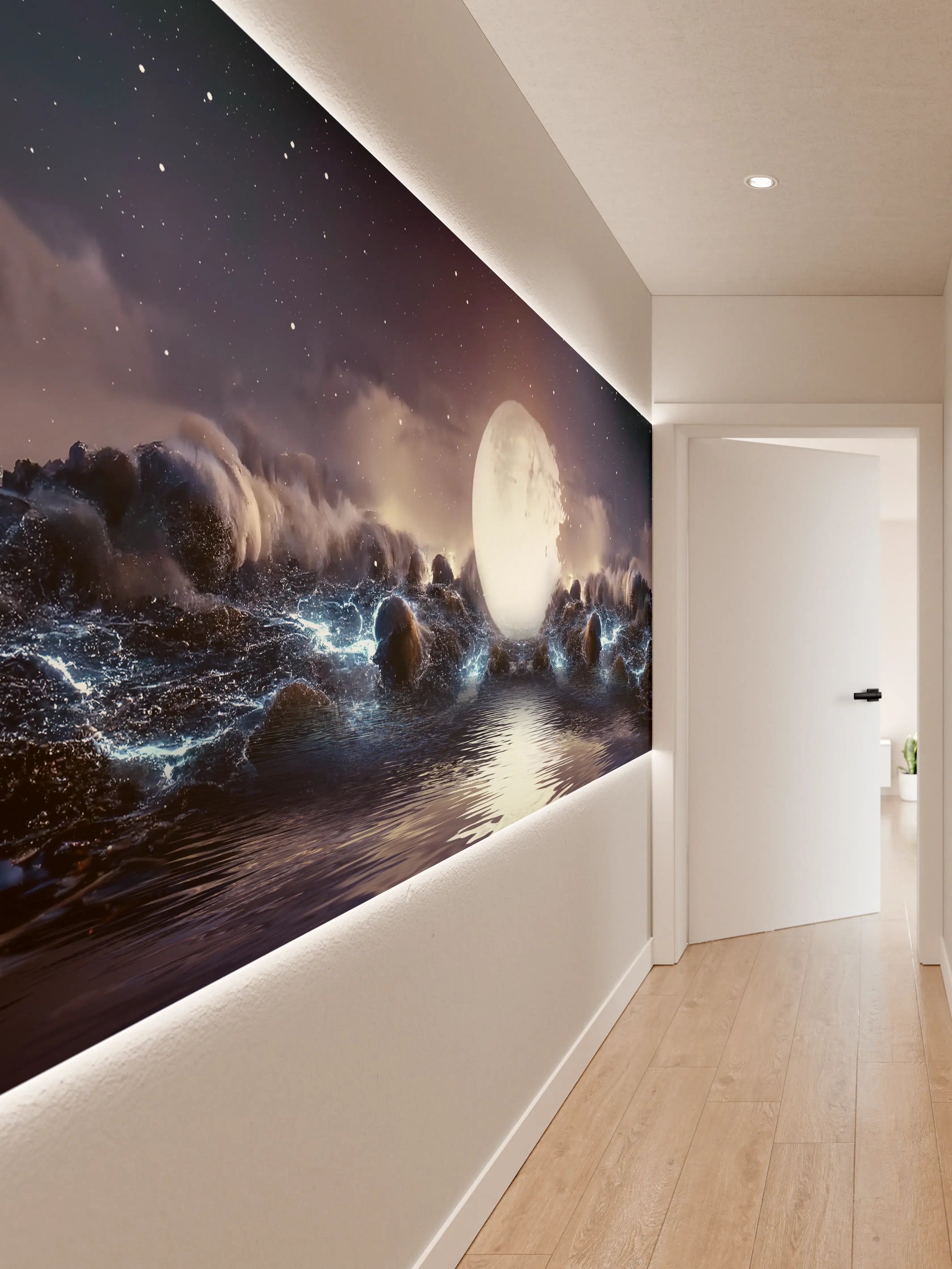 Wandverkleidung Flur - Faszinierende Mondnacht mit Wellen