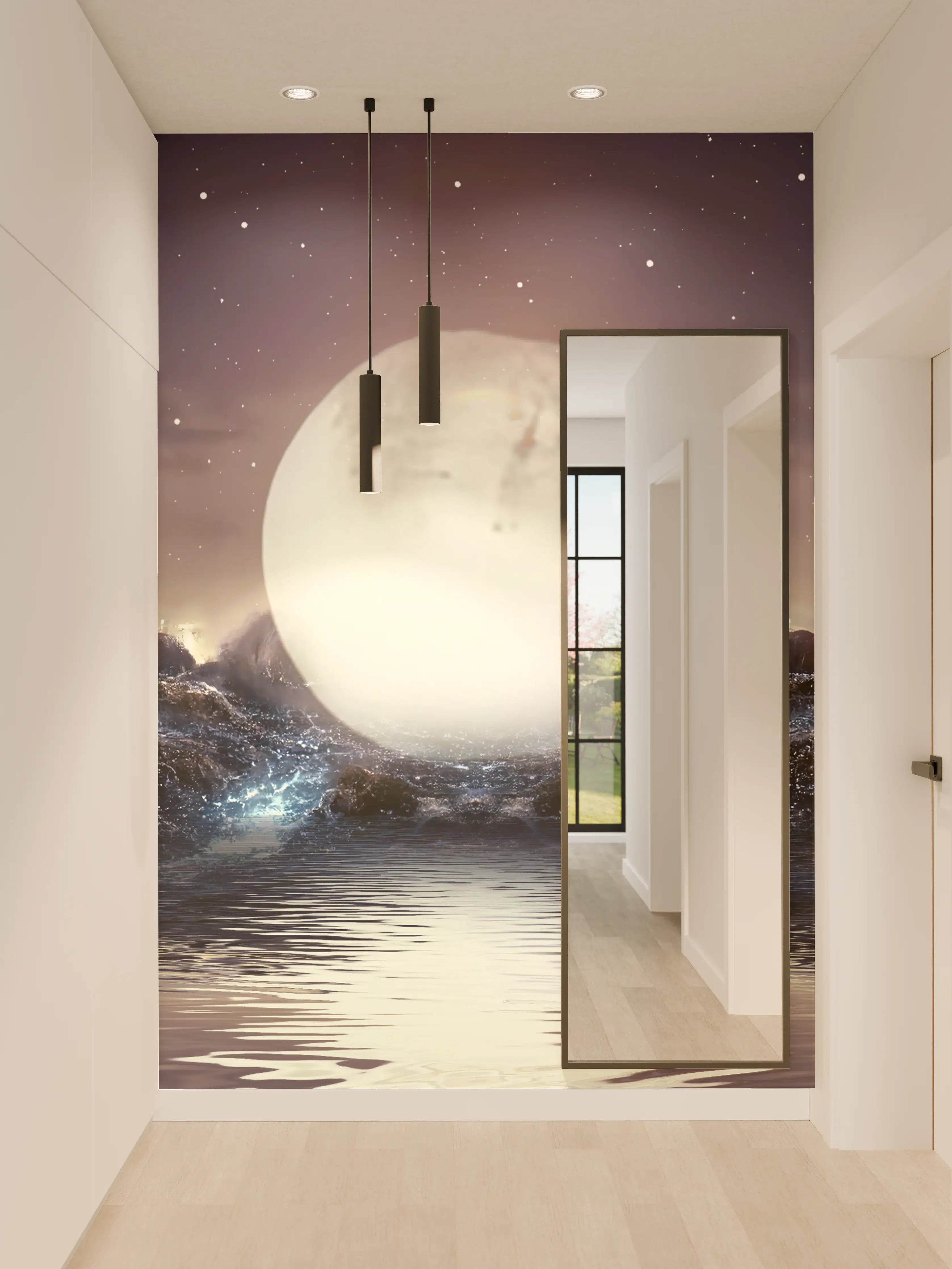 Wandverkleidung Flur - Faszinierende Mondnacht mit Wellen