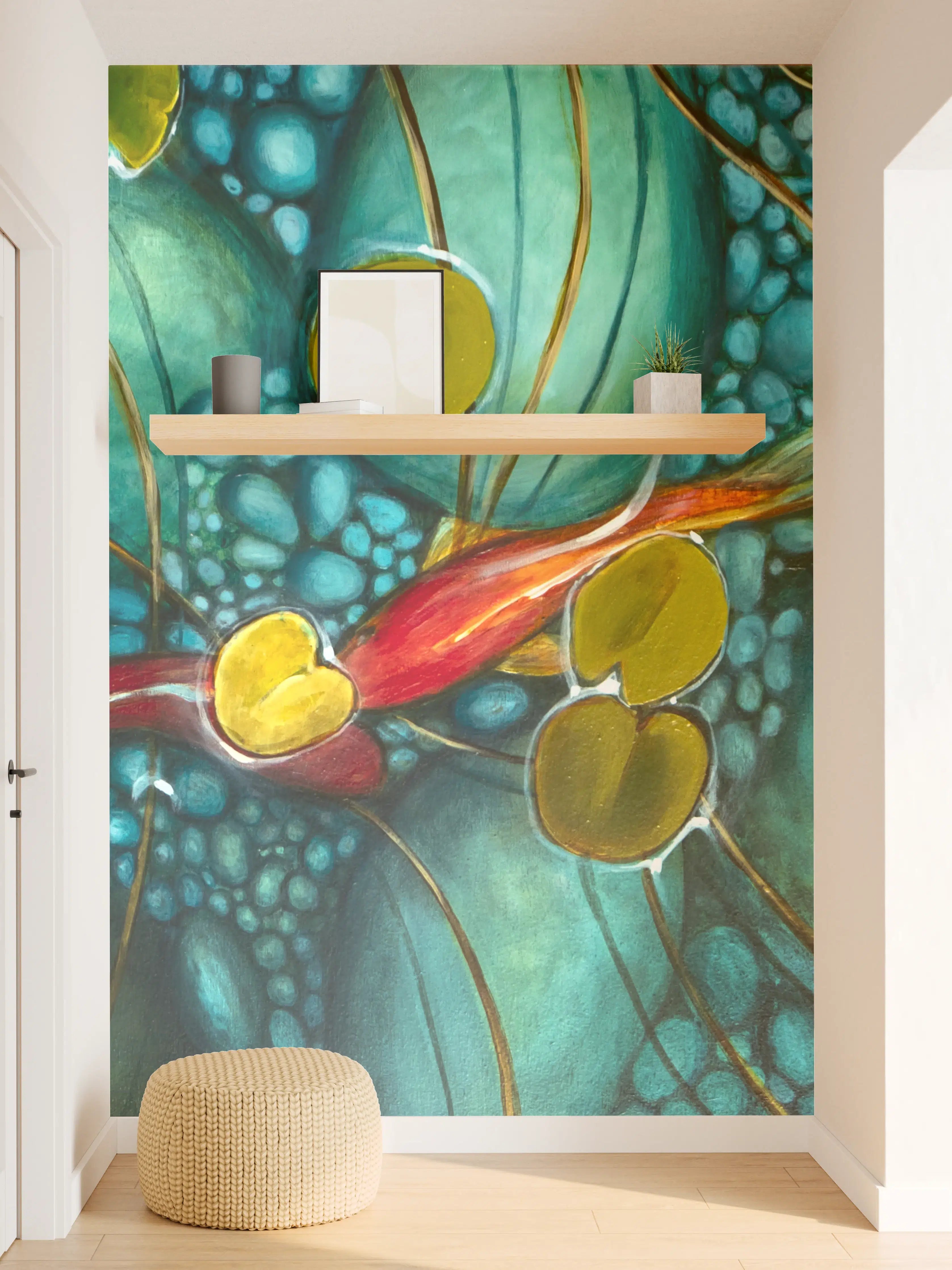 Wandverkleidung Flur - Faszinierende Wasserpflanzen mit Koi-Karpfen in Aquarien-Umgebung