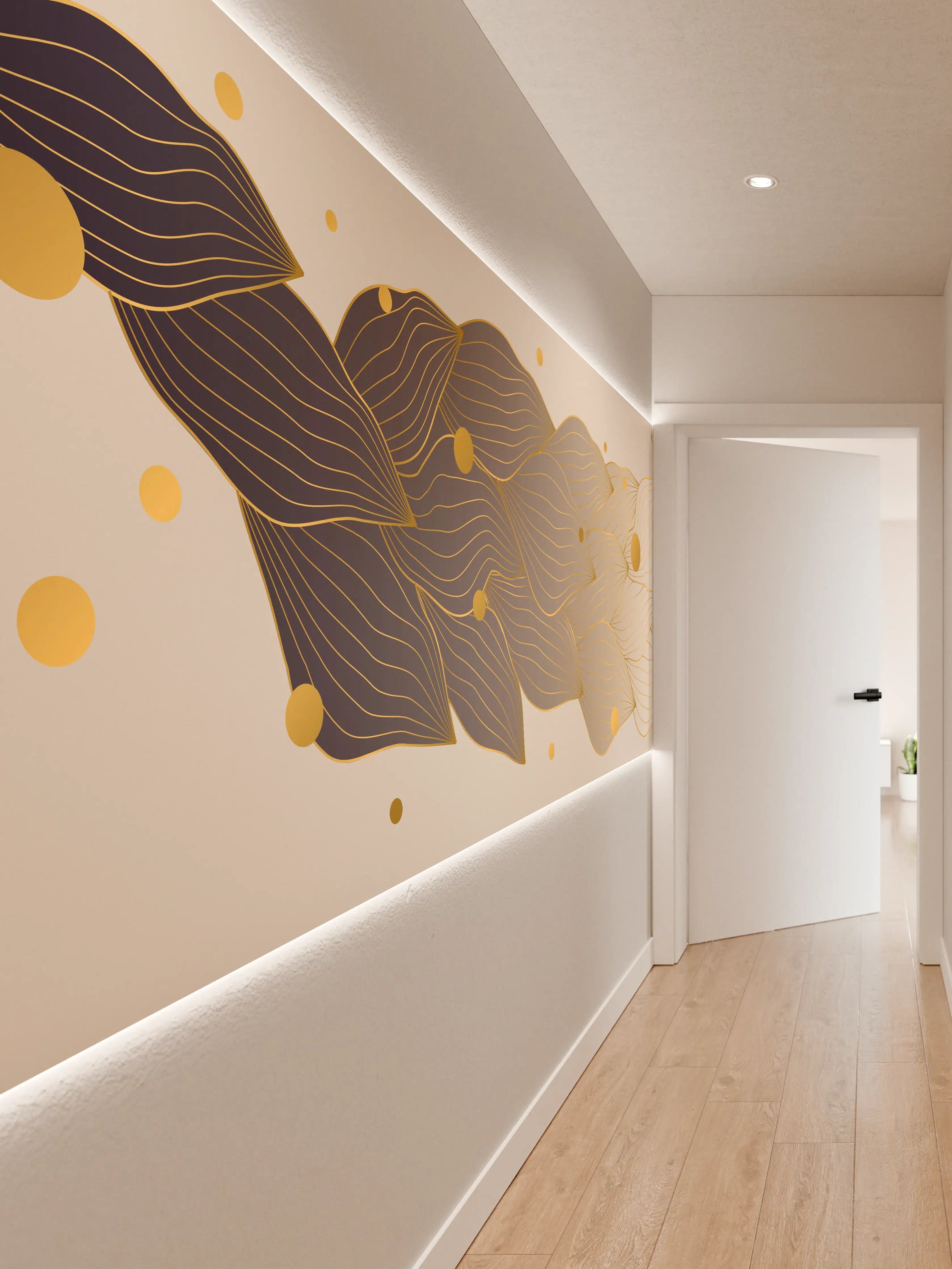 Wandverkleidung Flur - Feine Goldlinien Kunst auf weißem Untergrund