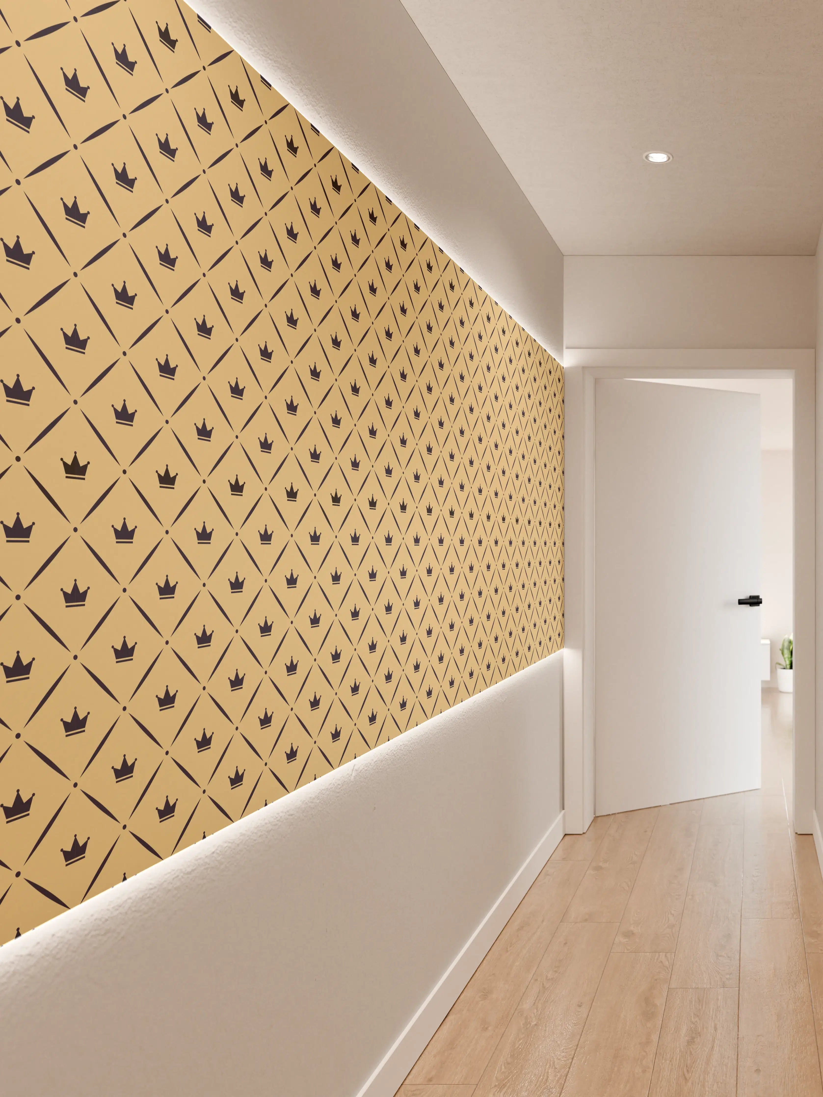 Wandverkleidung Flur - Feines geometrisches Muster in Gold und Grautönen