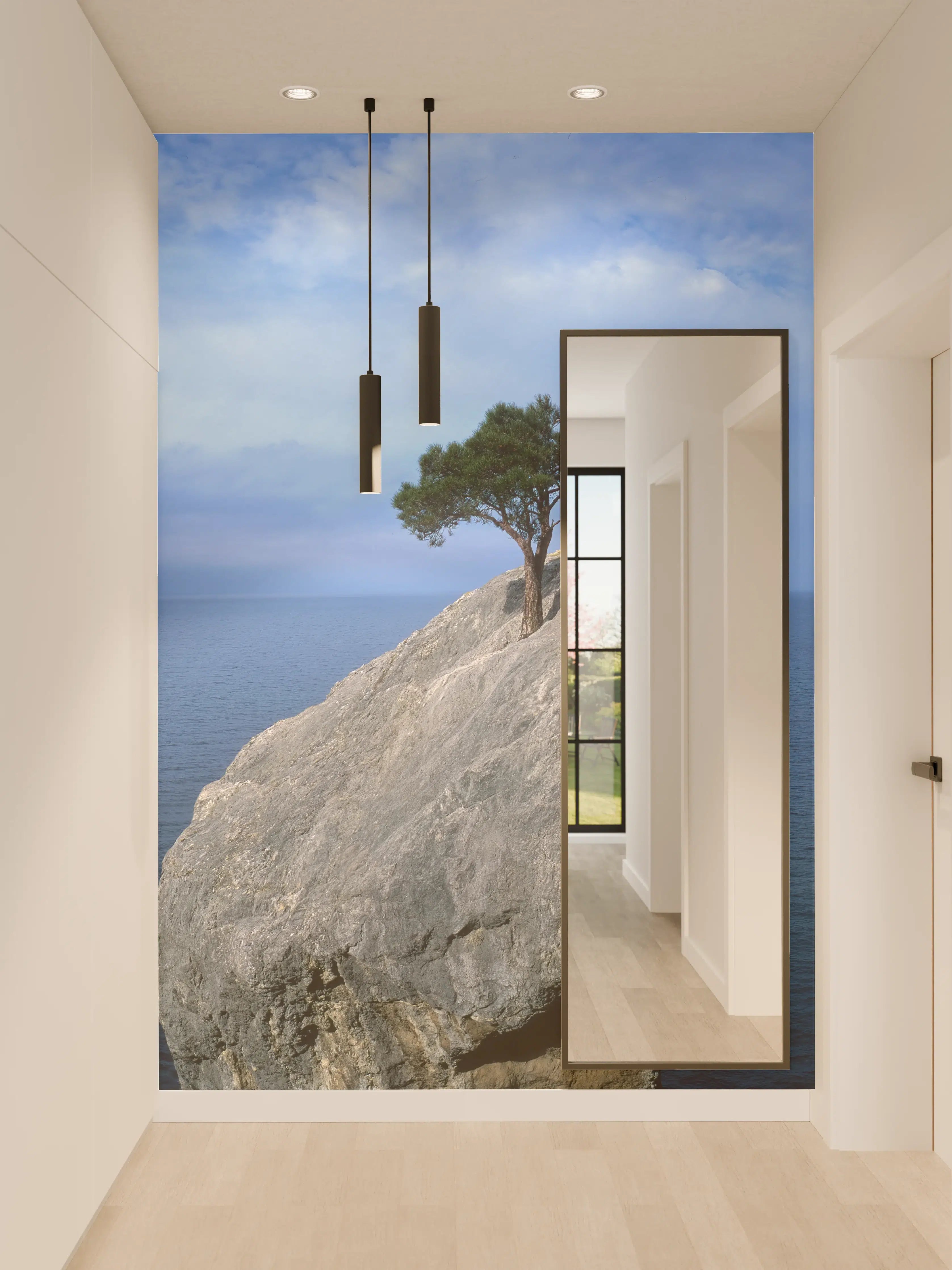Wandverkleidung Flur - Felsen mit Baum am Meer