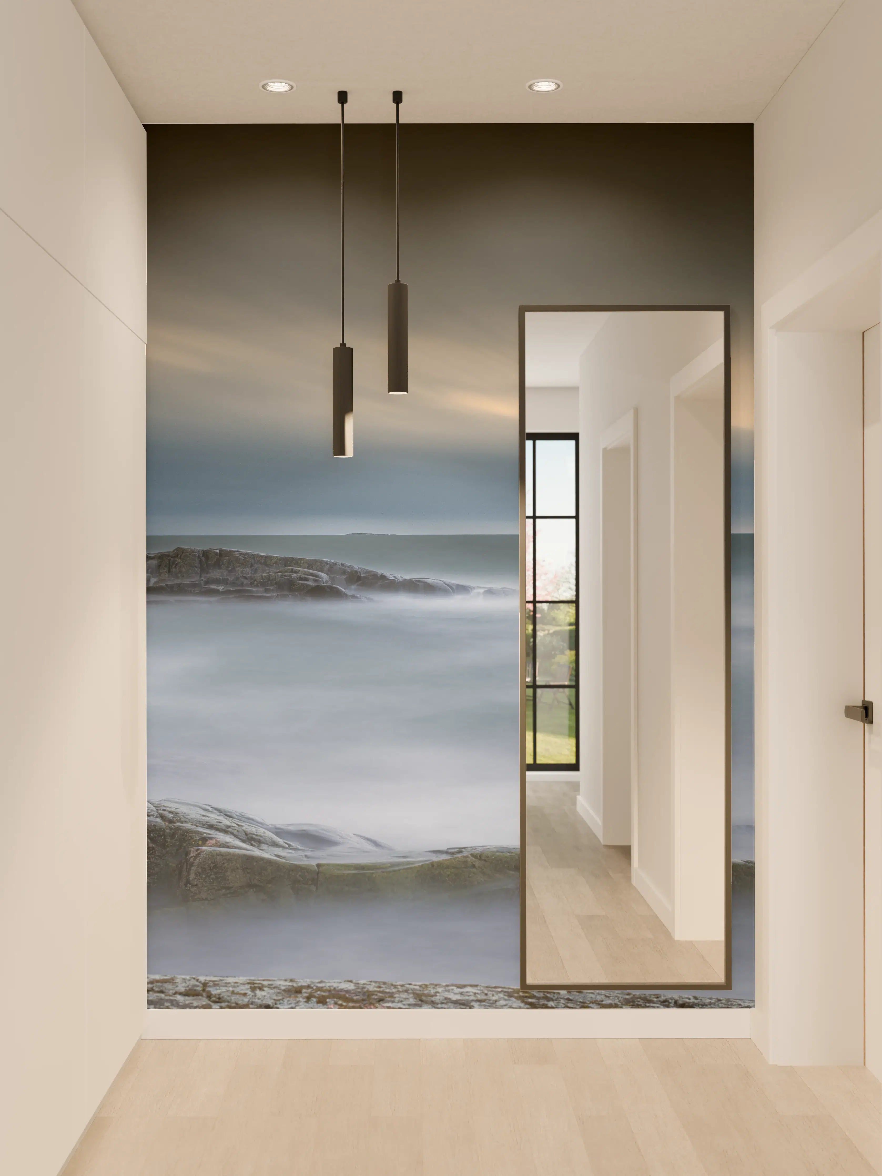 Wandverkleidung Flur - Felsiger & Nebliger Strand auf mit schöner Meer Landschaft