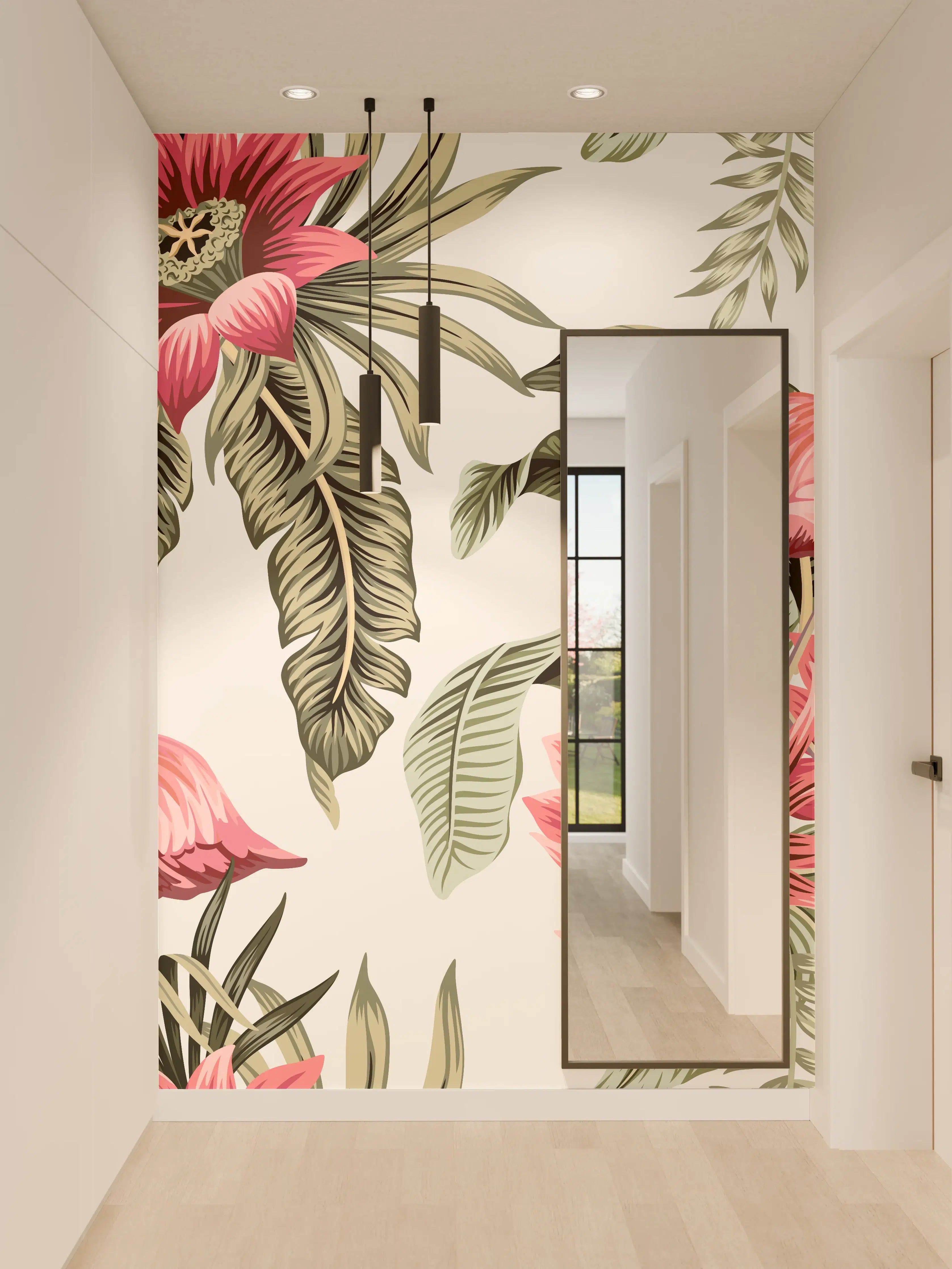 Wandverkleidung Flur - Flamingo & Tropenblumen Muster